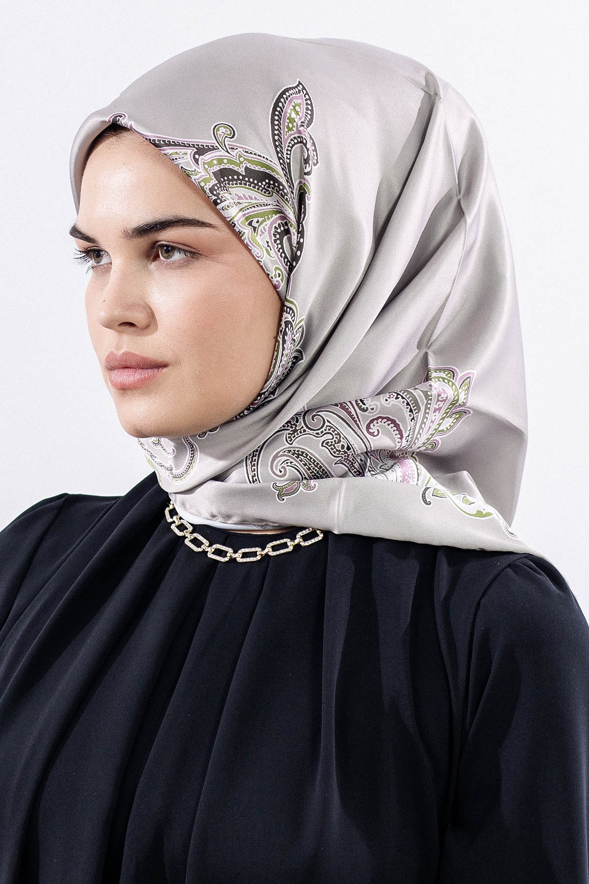 Dg11119 Saten Eşarp şal Desen - Vizon - 2