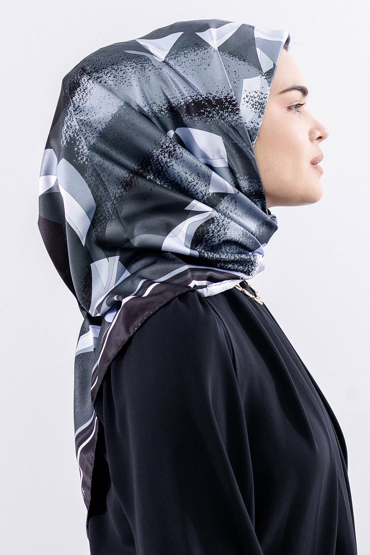 Dg11122 Saten Eşarp - Siyah_gri - 1