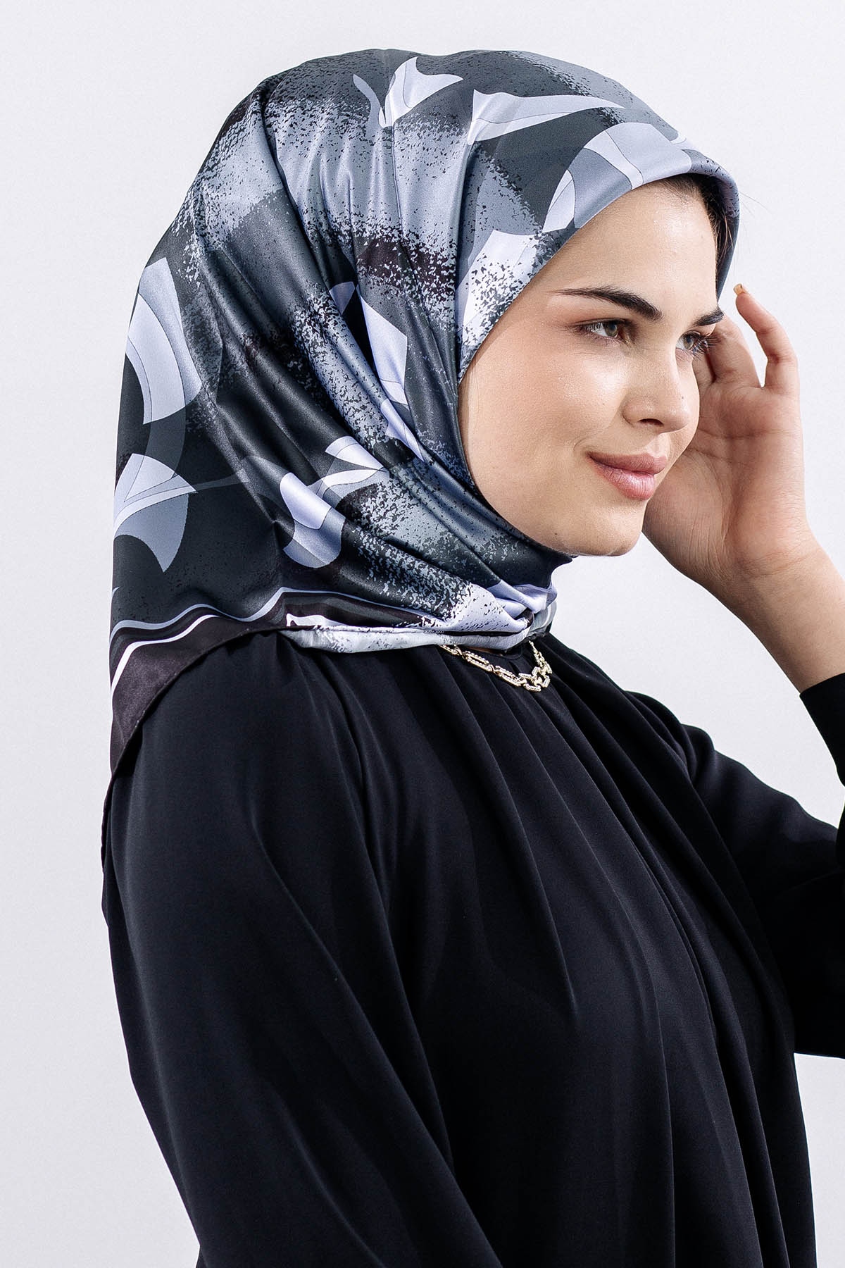 Dg11122 Saten Eşarp - Siyah_gri - 2