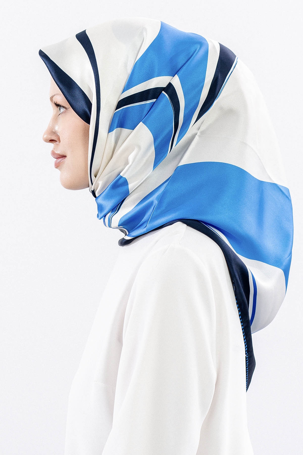 Dg12508 İpek Eşarp 90*90 Sura Dokuma - Lacivert_krem - 3