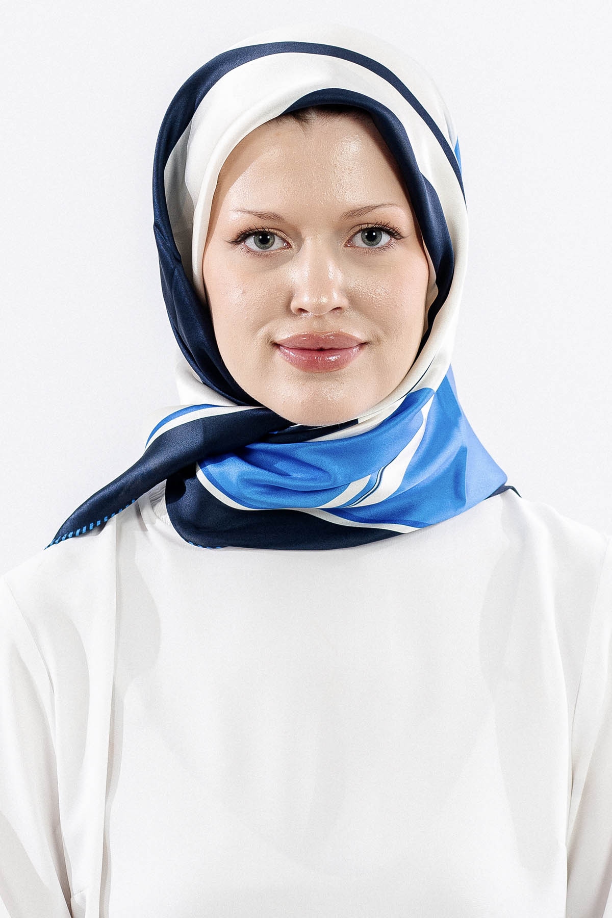 Dg12508 İpek Eşarp 90*90 Sura Dokuma - Lacivert_krem - 5