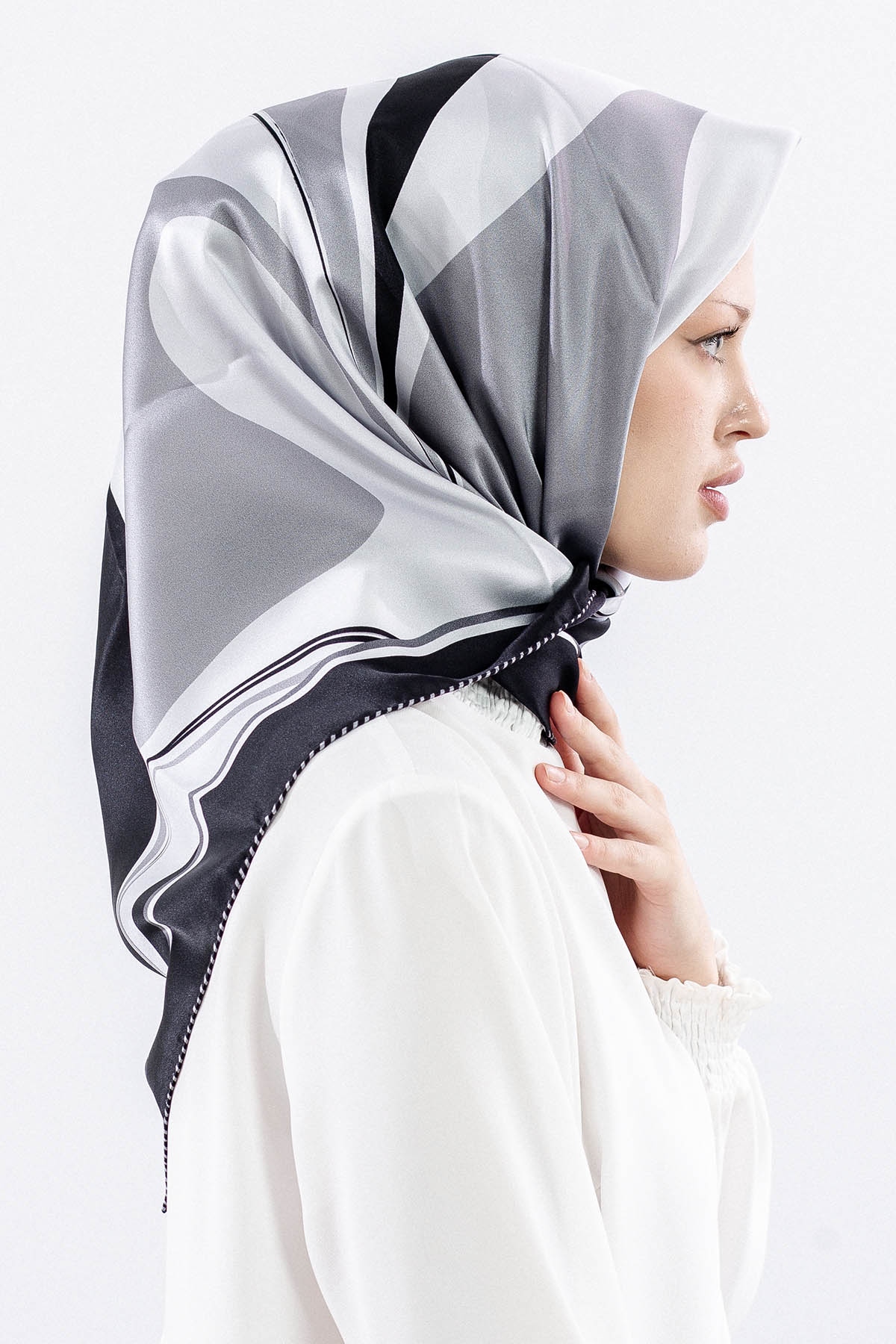 Dg12508 İpek Eşarp 90*90 Sura Dokuma - Siyah_gri - 3