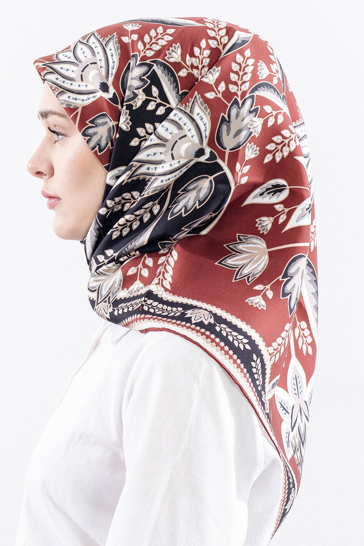 Dg12512 İpek Eşarp Tvil Kumas Sal Desen - Bordo - 3