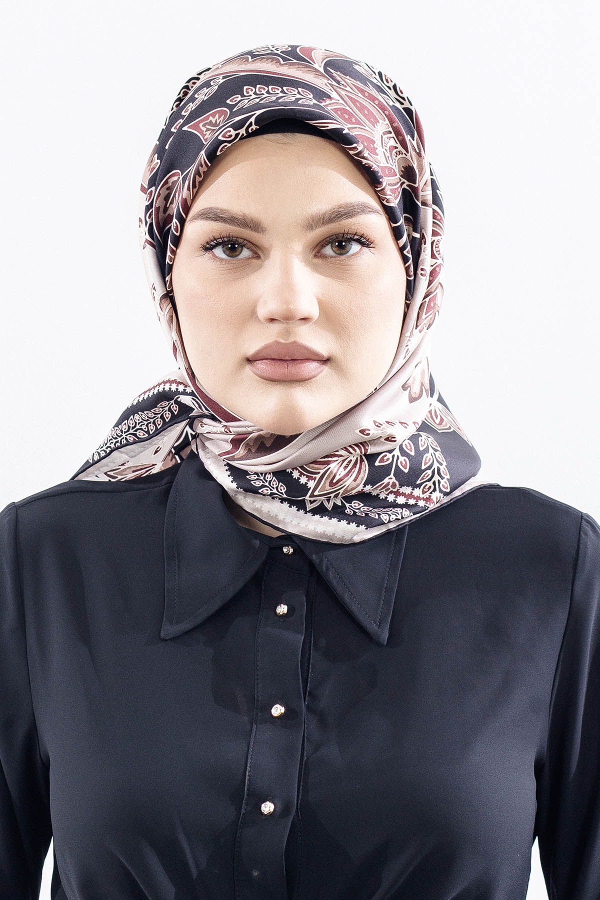 Dg12512 İpek Eşarp Tvil Kumas Sal Desen - Siyah - 1