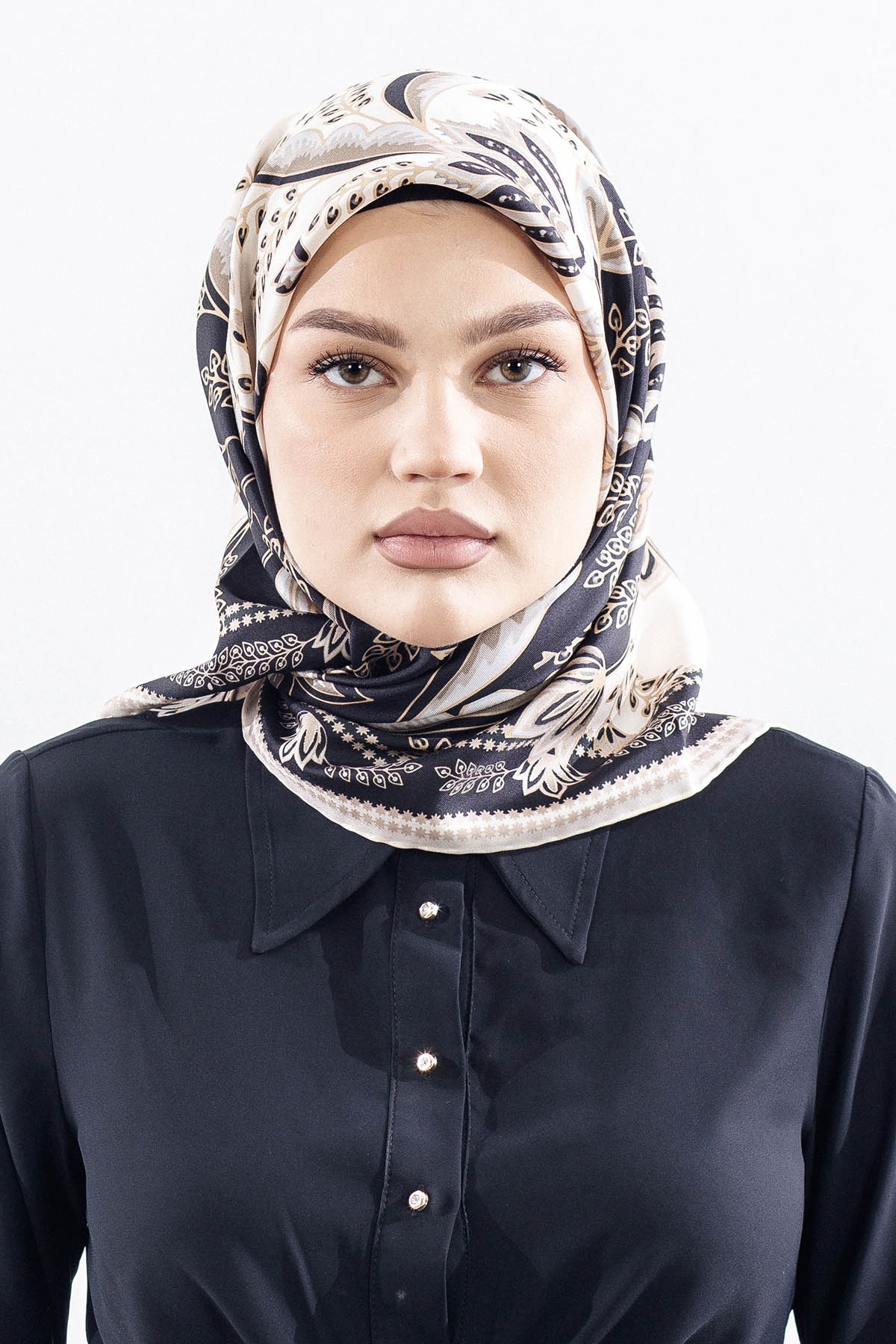 Dg12512 İpek Eşarp Tvil Kumas Sal Desen - Siyah_beyaz - 1