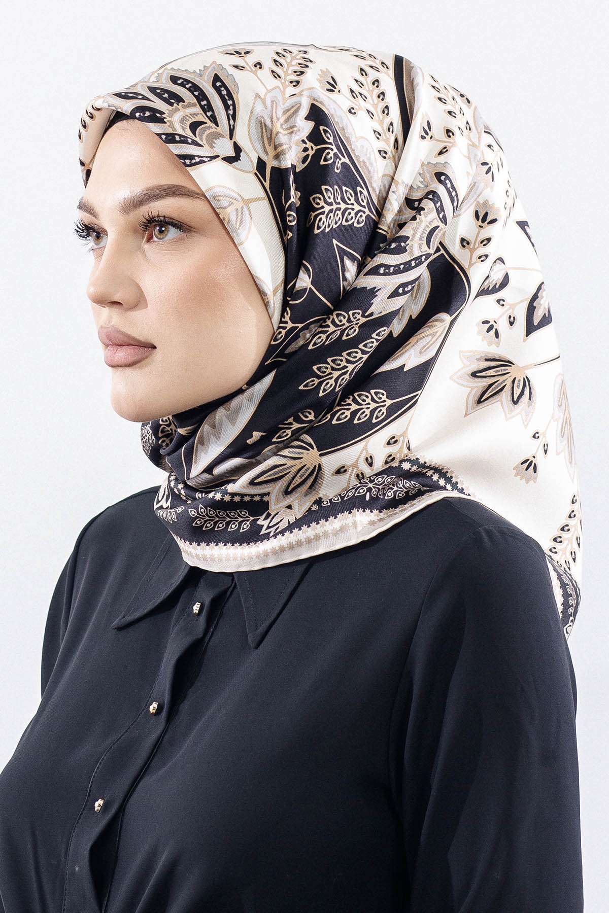 Dg12512 İpek Eşarp Tvil Kumas Sal Desen - Siyah_beyaz - 2