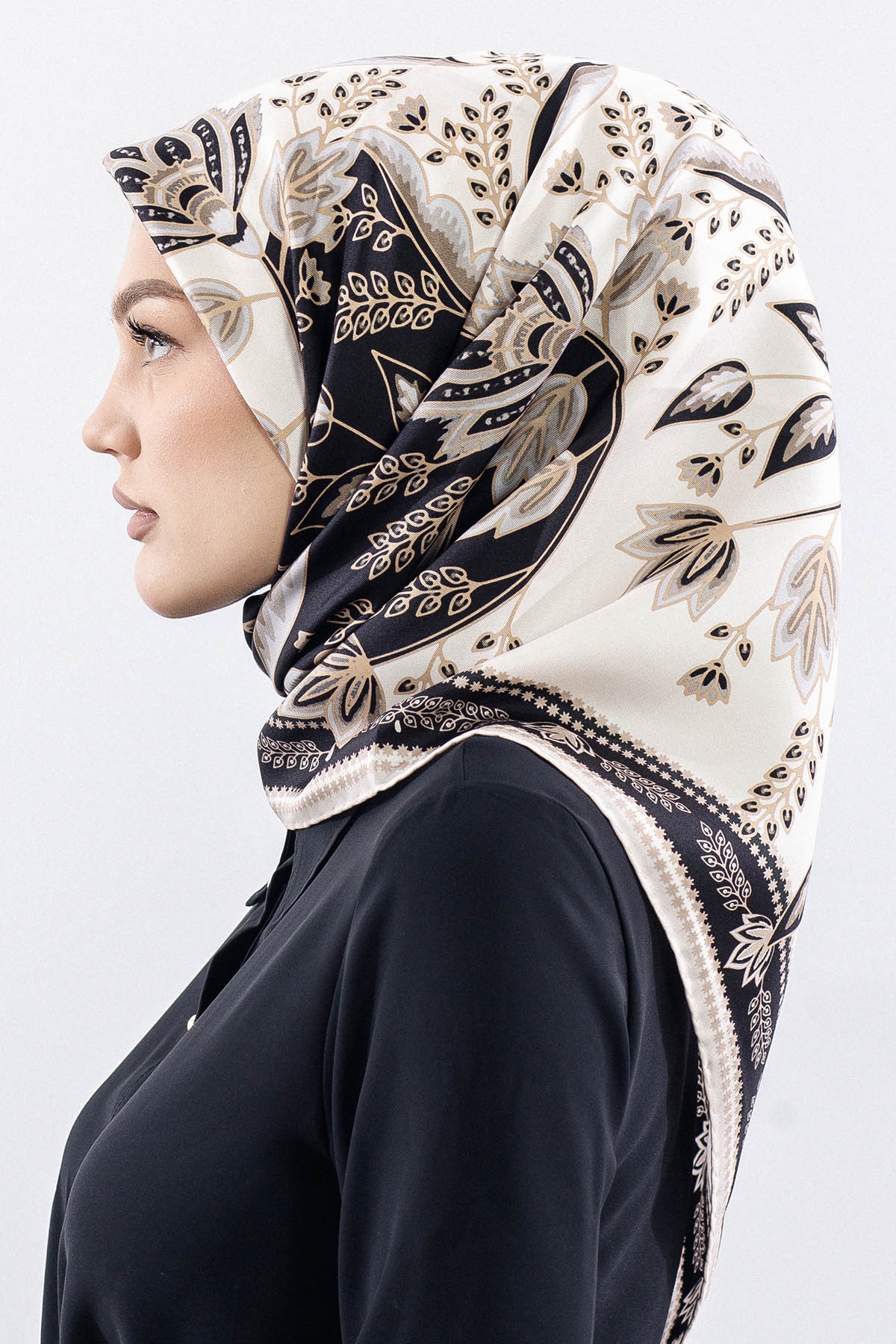 Dg12512 İpek Eşarp Tvil Kumas Sal Desen - Siyah_beyaz - 3