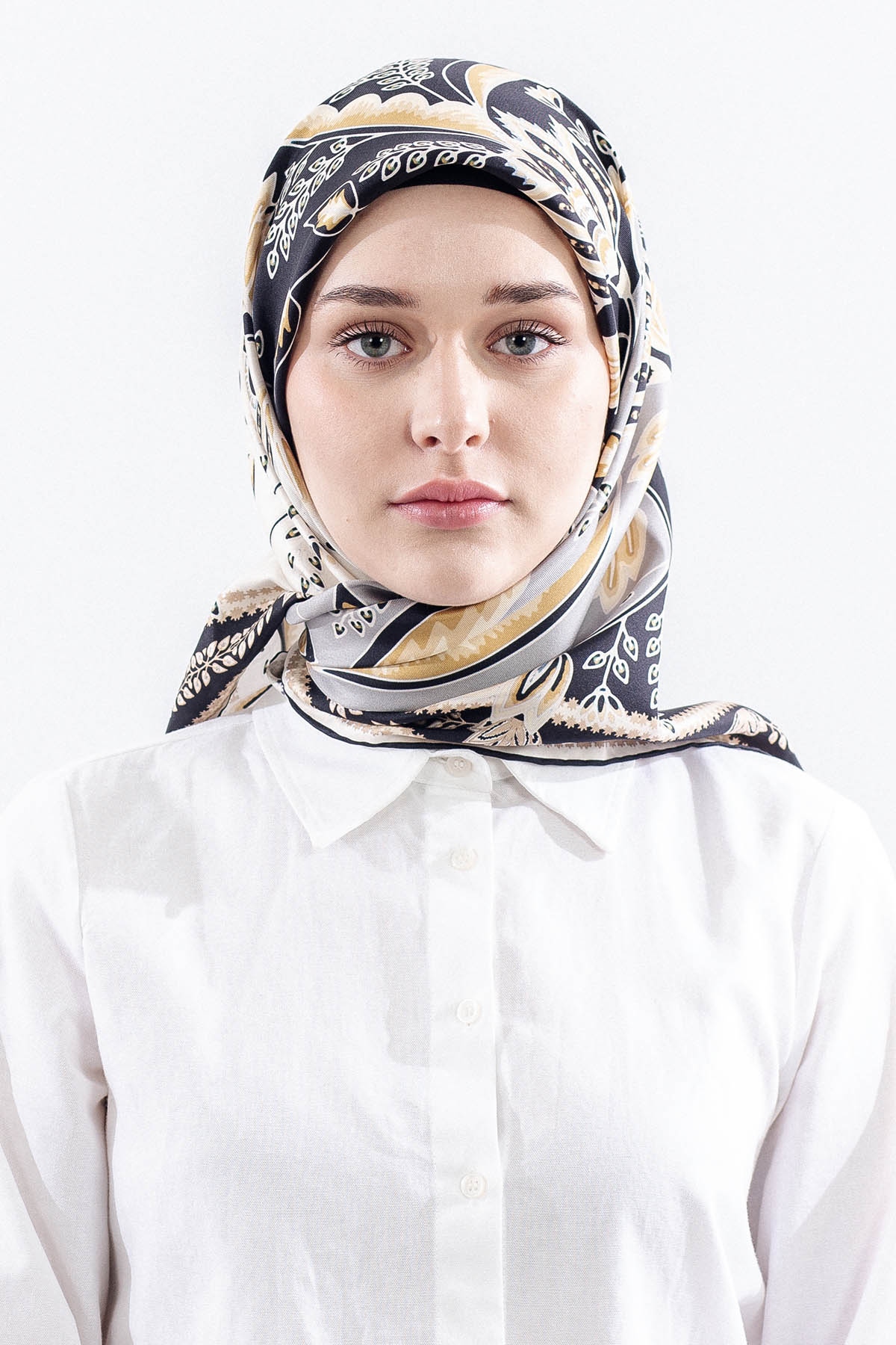 Dg12512 İpek Eşarp Tvil Kumas Sal Desen - Siyah_krem - 1