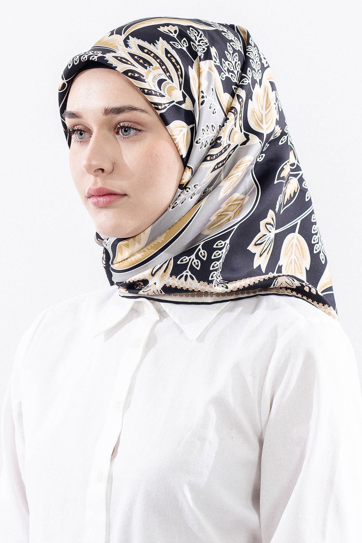 Dg12512 İpek Eşarp Tvil Kumas Sal Desen - Siyah_krem - 2