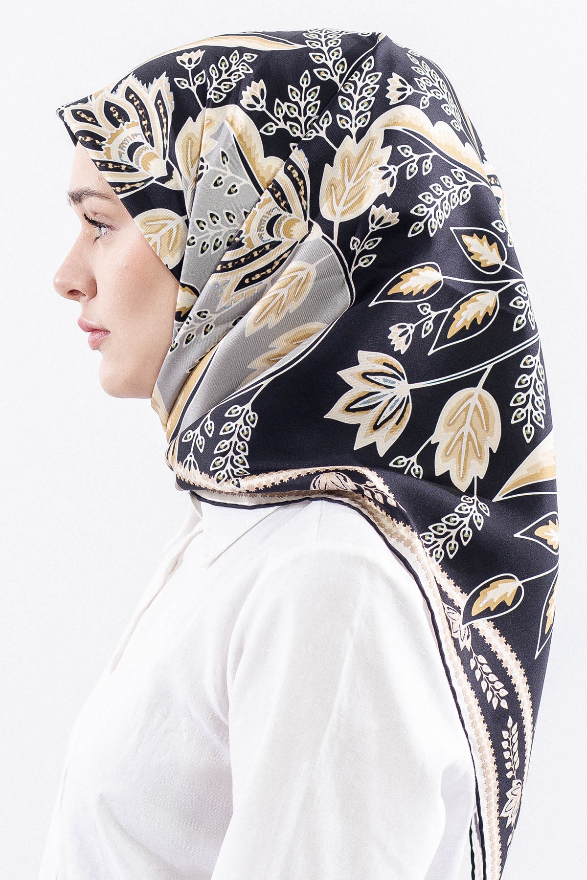 Dg12512 İpek Eşarp Tvil Kumas Sal Desen - Siyah_krem - 3