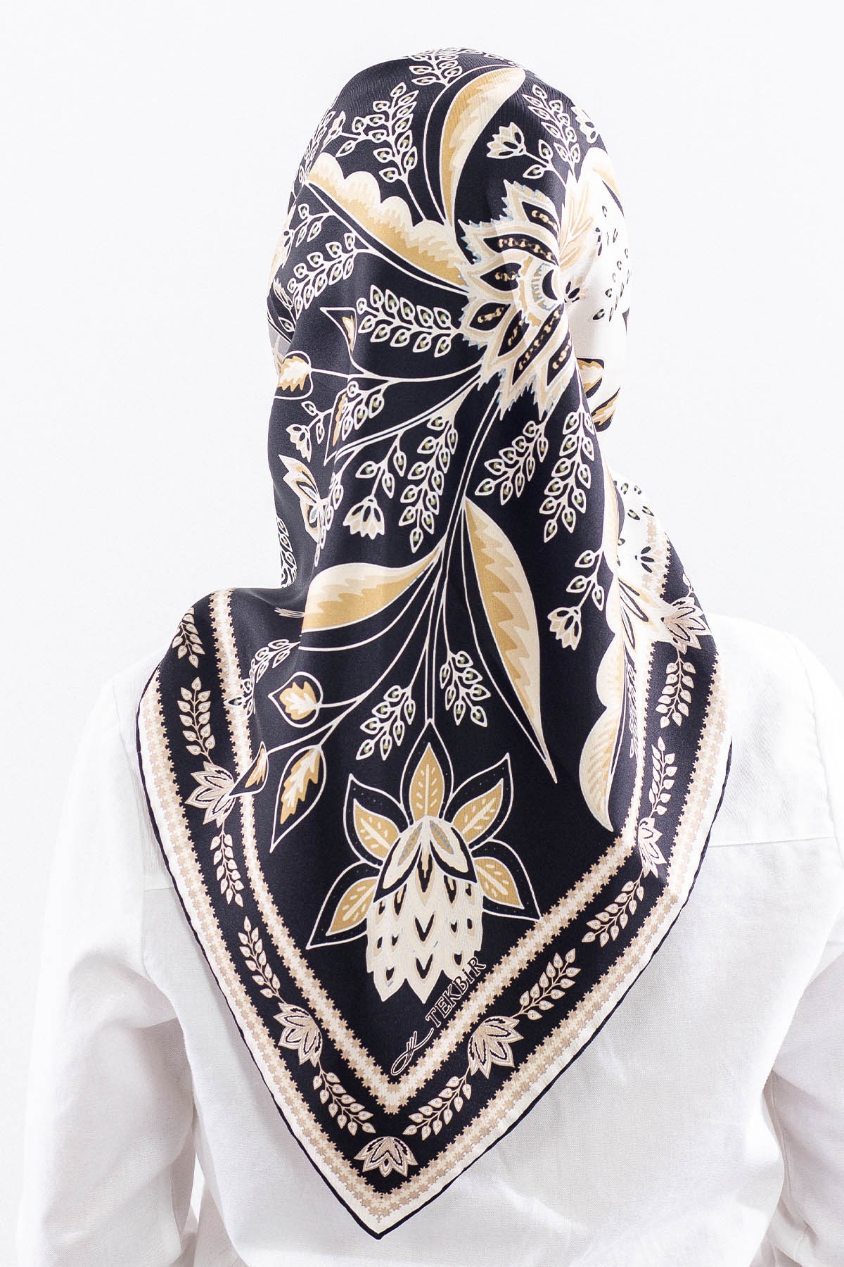 Dg12512 İpek Eşarp Tvil Kumas Sal Desen - Siyah_krem - 4