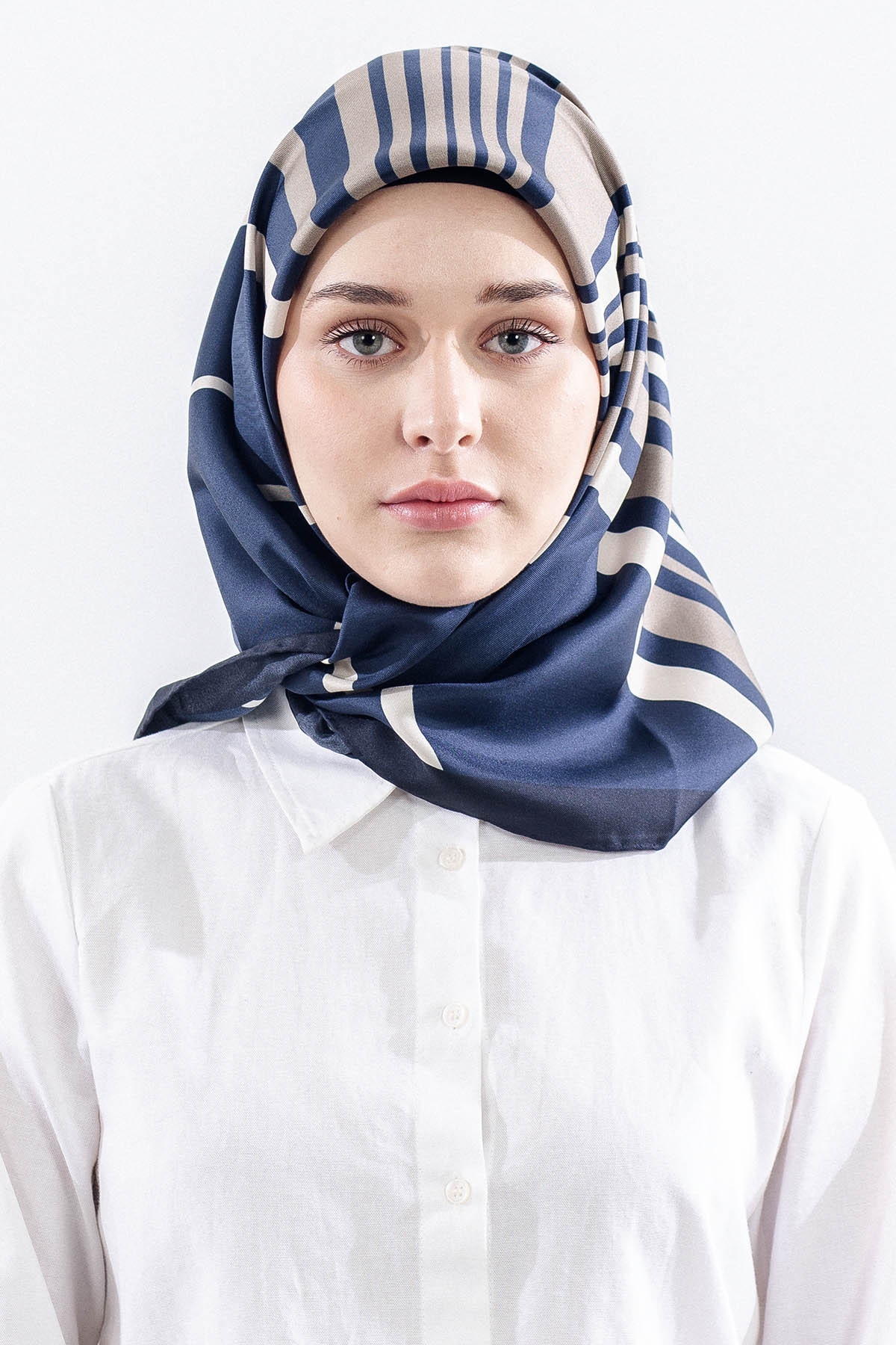 Dg13139 İpek Eşarp Cizgi Desen Tvil Kumas - Lacivert_tas - 1