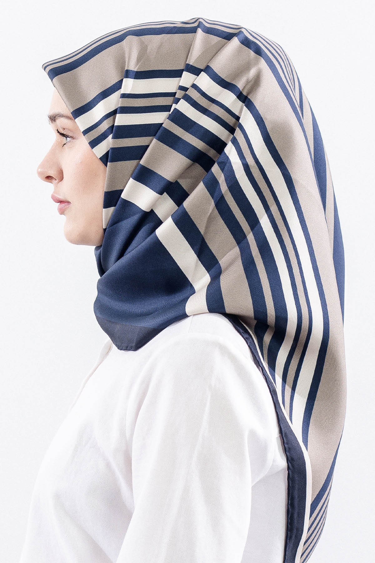 Dg13139 İpek Eşarp Cizgi Desen Tvil Kumas - Lacivert_tas - 3