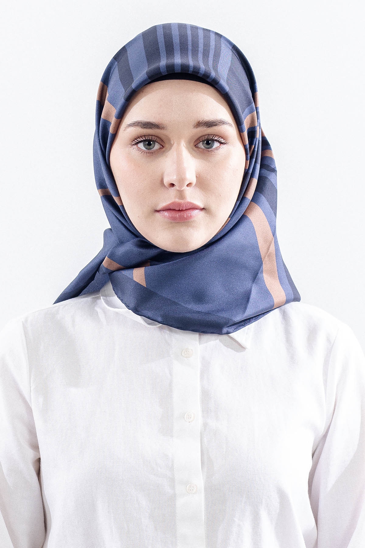 Dg13139 İpek Eşarp Cizgi Desen Tvil Kumas - Lacivert_vizon - 1