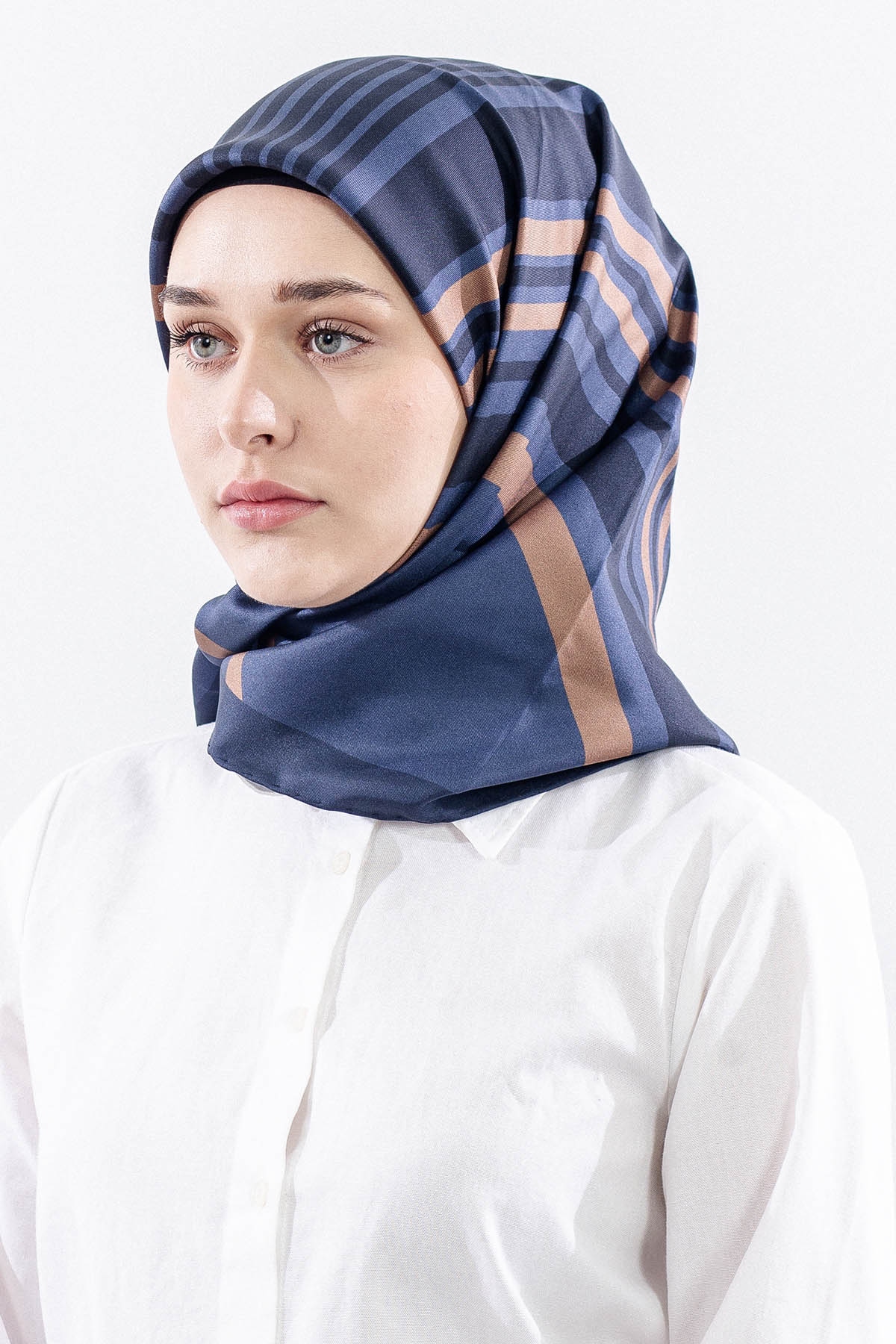 Dg13139 İpek Eşarp Cizgi Desen Tvil Kumas - Lacivert_vizon - 2