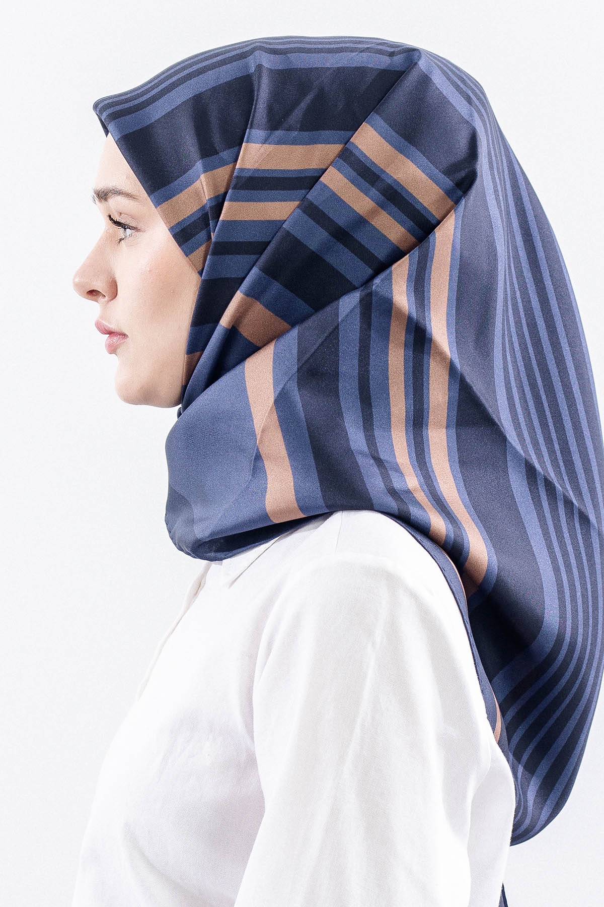 Dg13139 İpek Eşarp Cizgi Desen Tvil Kumas - Lacivert_vizon - 3