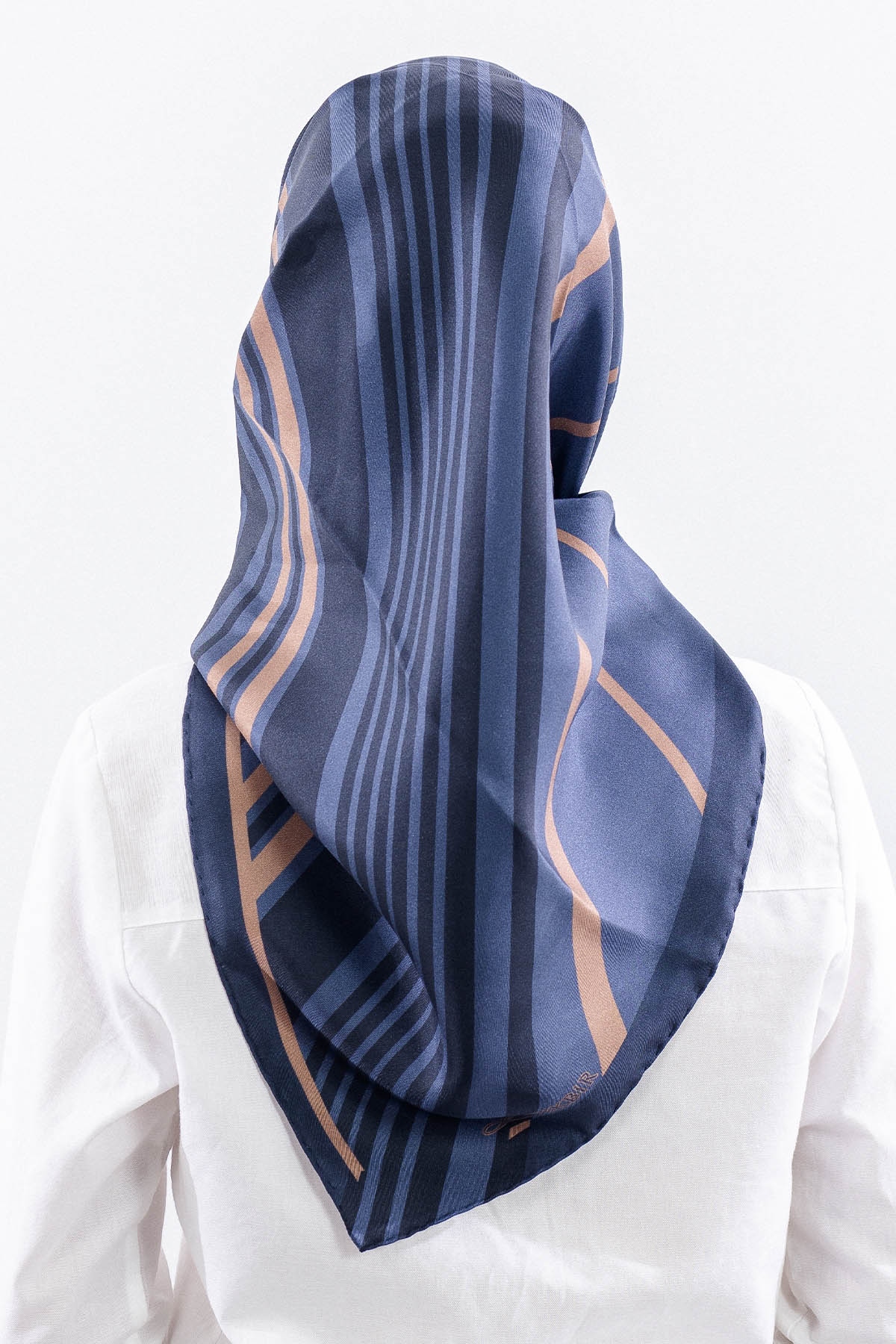 Dg13139 İpek Eşarp Cizgi Desen Tvil Kumas - Lacivert_vizon - 4