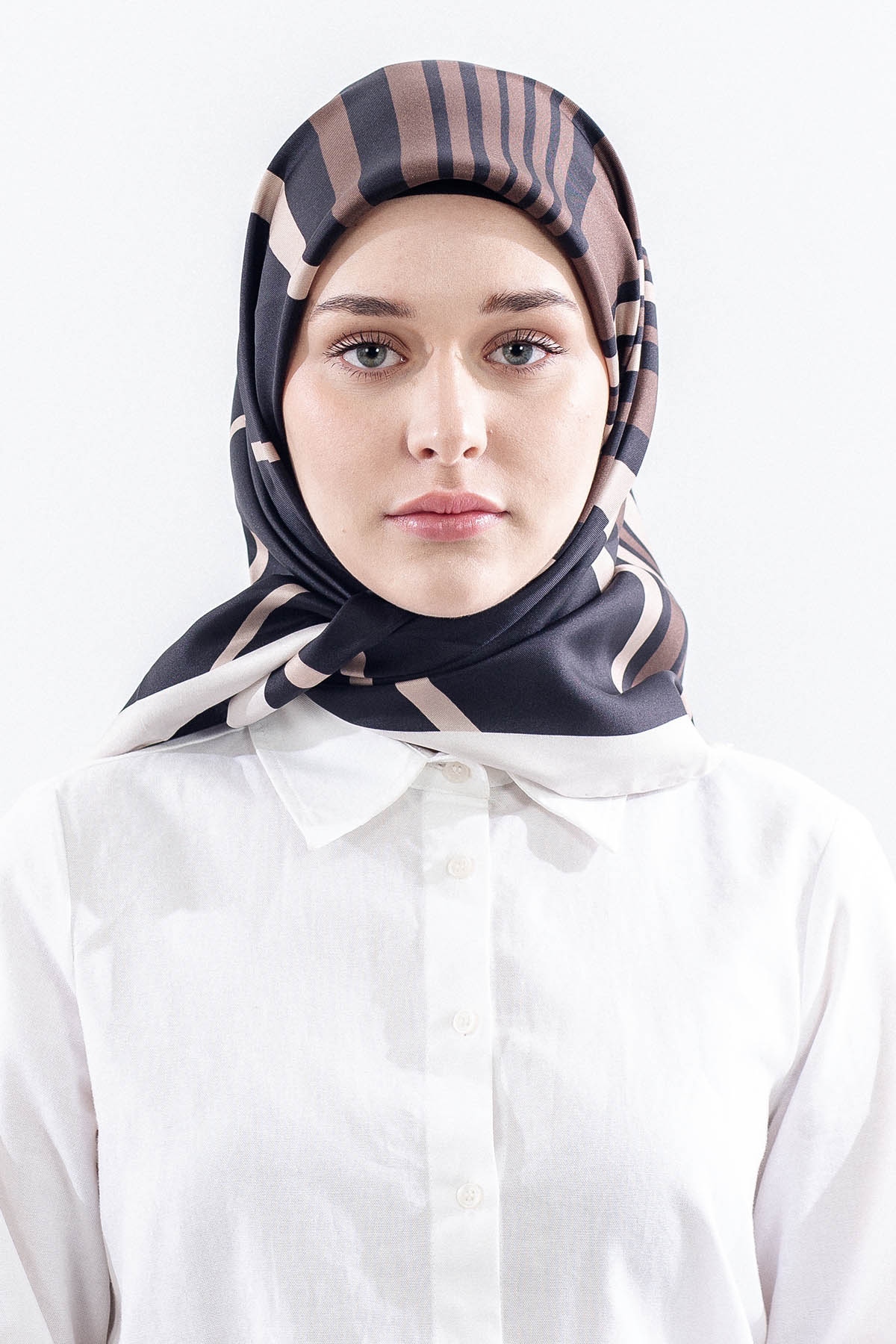 Dg13139 İpek Eşarp Cizgi Desen Tvil Kumas - Siyah_bej - 1