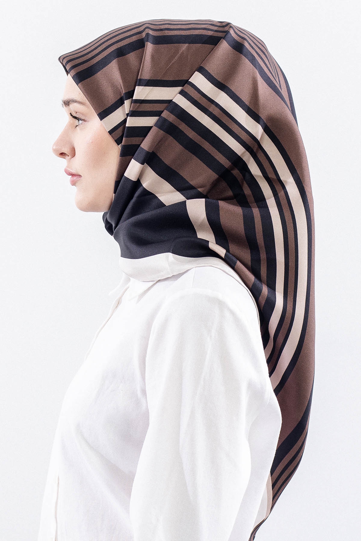 Dg13139 İpek Eşarp Cizgi Desen Tvil Kumas - Siyah_bej - 3