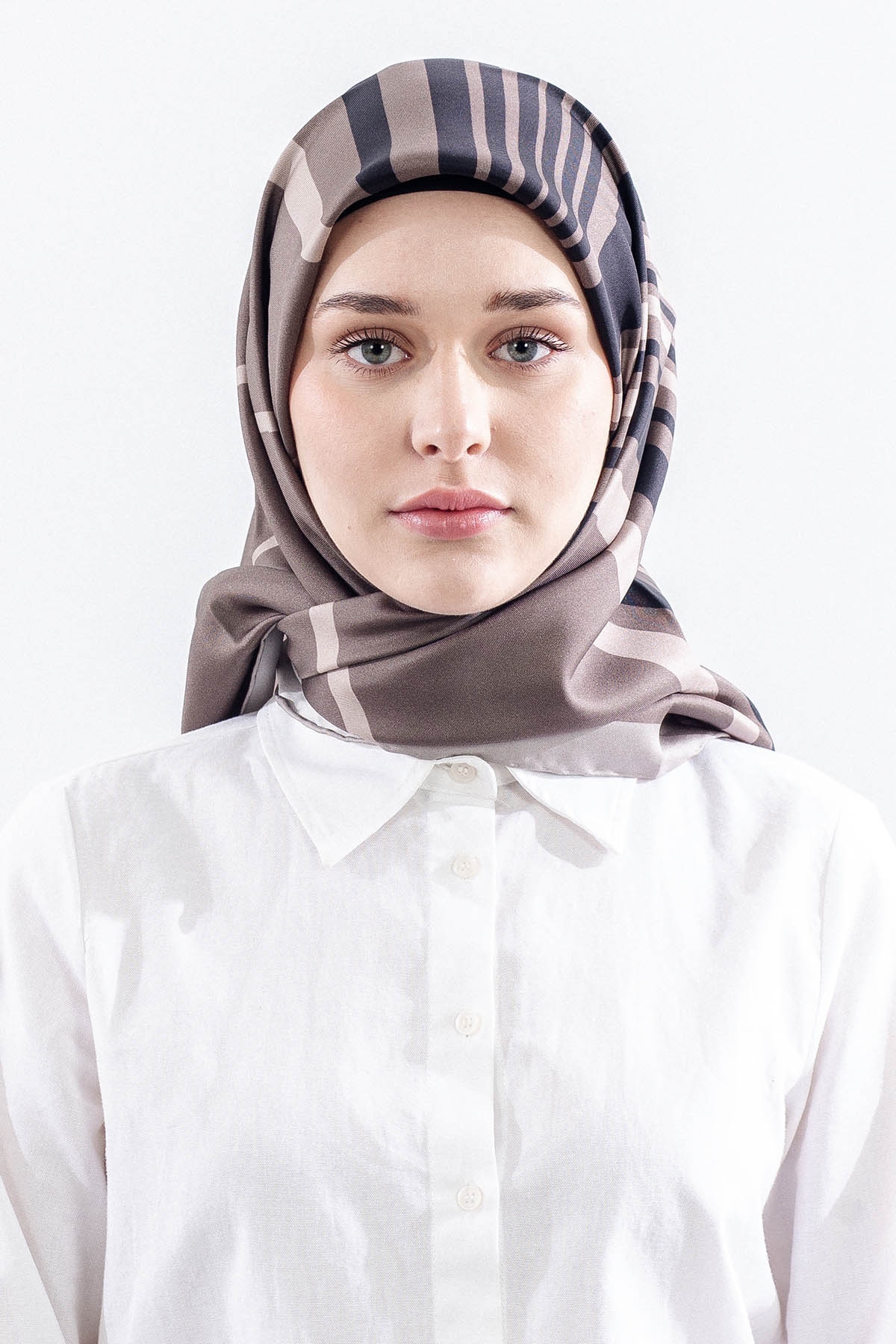 Dg13139 İpek Eşarp Cizgi Desen Tvil Kumas - Vizon - 1