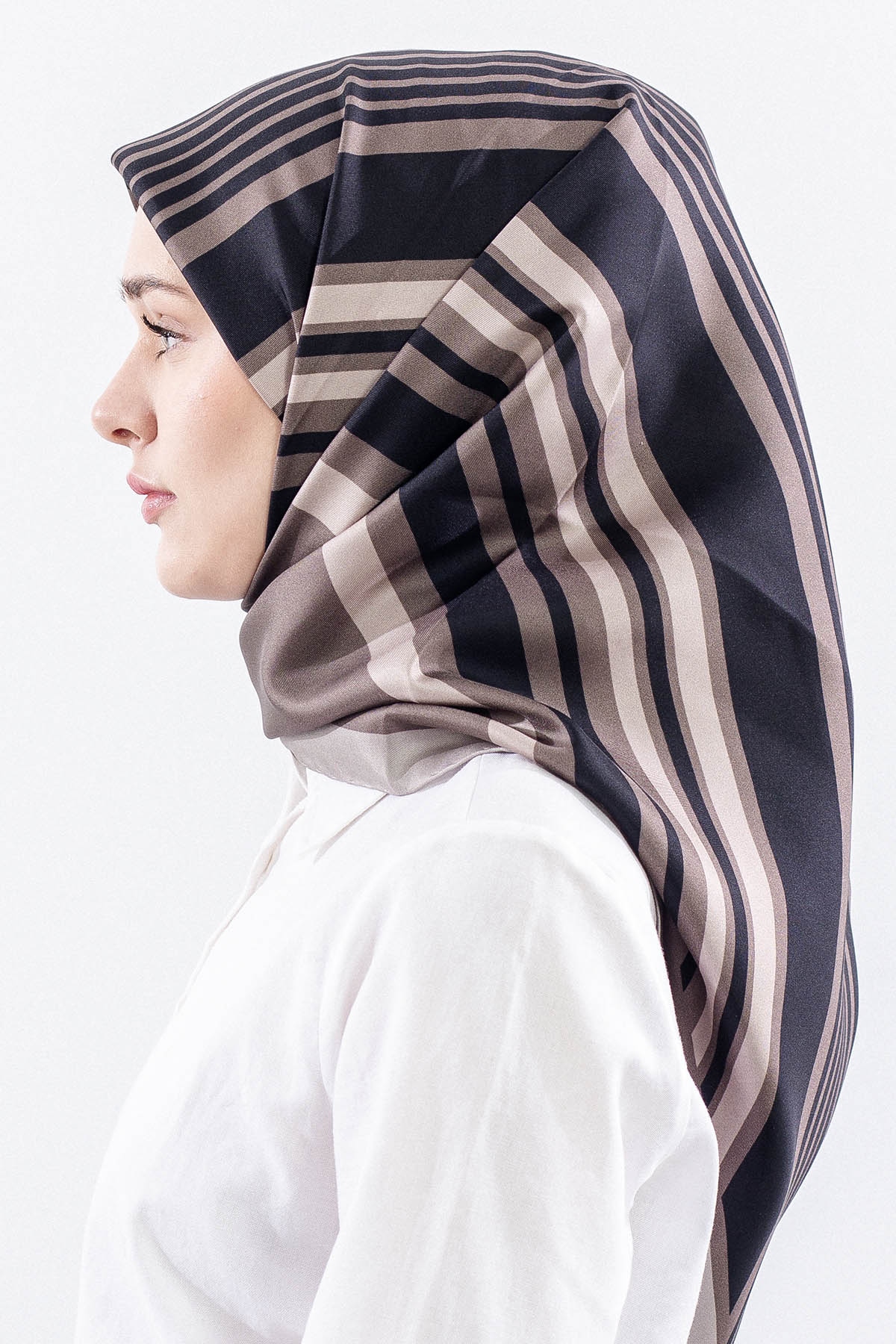 Dg13139 İpek Eşarp Cizgi Desen Tvil Kumas - Vizon - 3