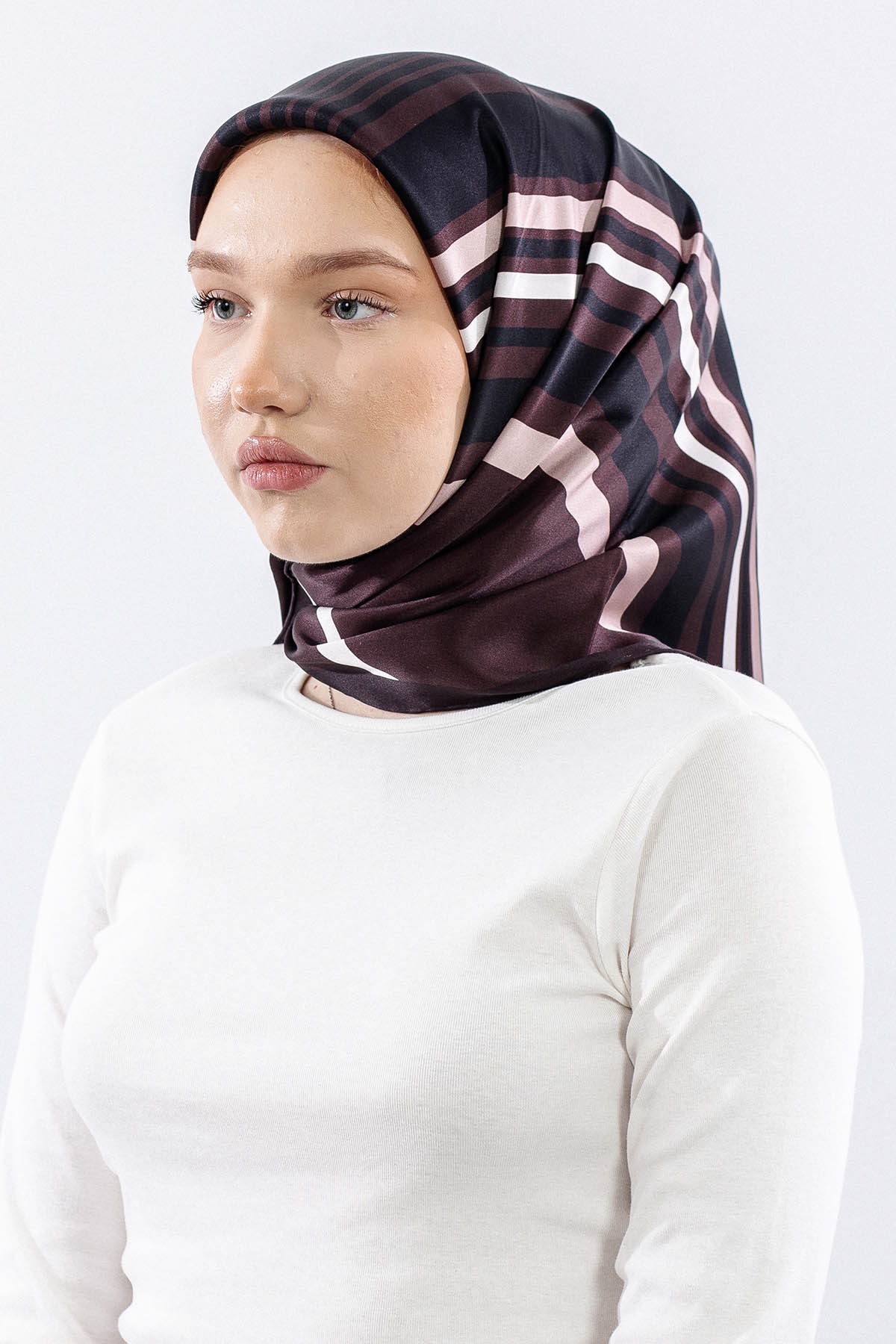 Dg13139 İpek Eşarp Cizgi Tvil Kumas - Kahve - 2