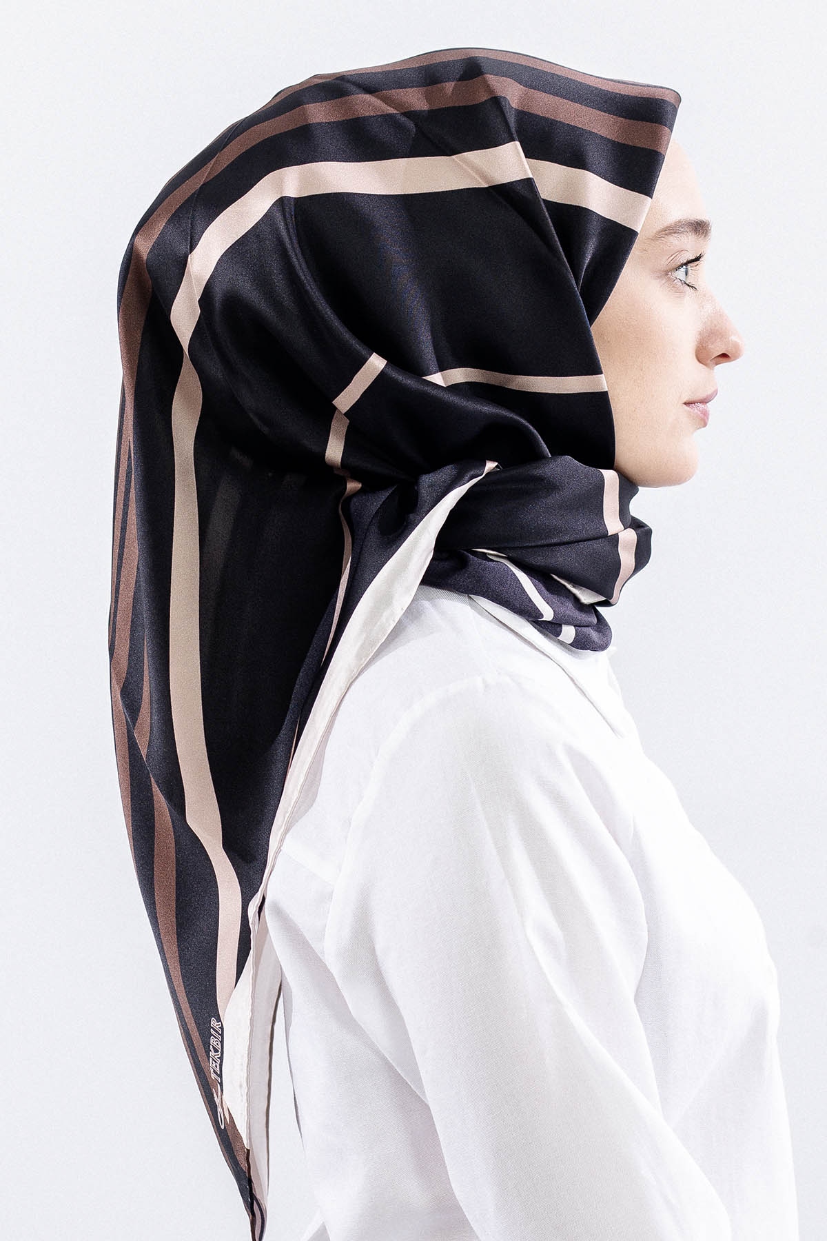 Dg13139 İpek Eşarp Cizgi Tvil Kumas - Siyah_bej - 3