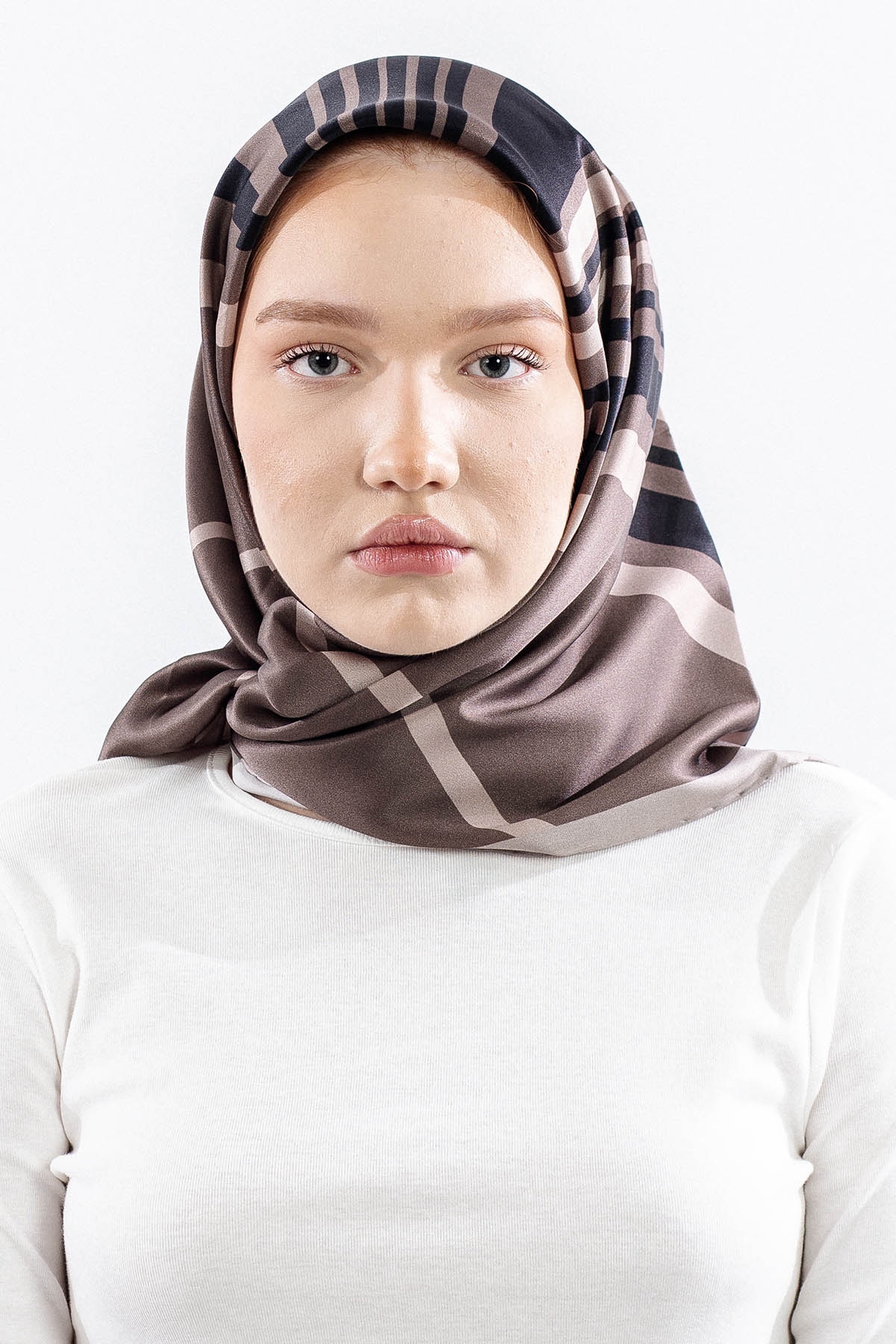 Dg13139 İpek Eşarp Cizgi Tvil Kumas - Vizon - 1