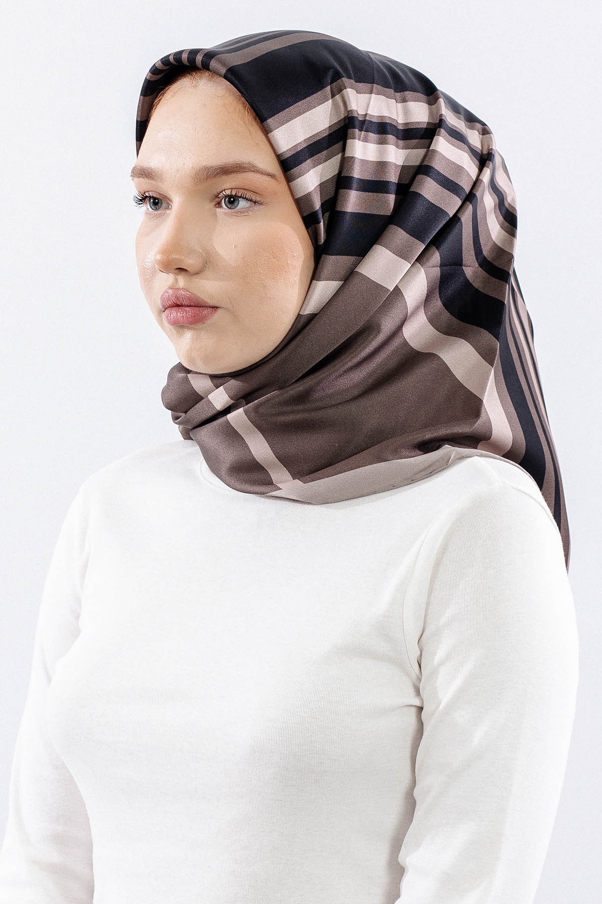 Dg13139 İpek Eşarp Cizgi Tvil Kumas - Vizon - 2