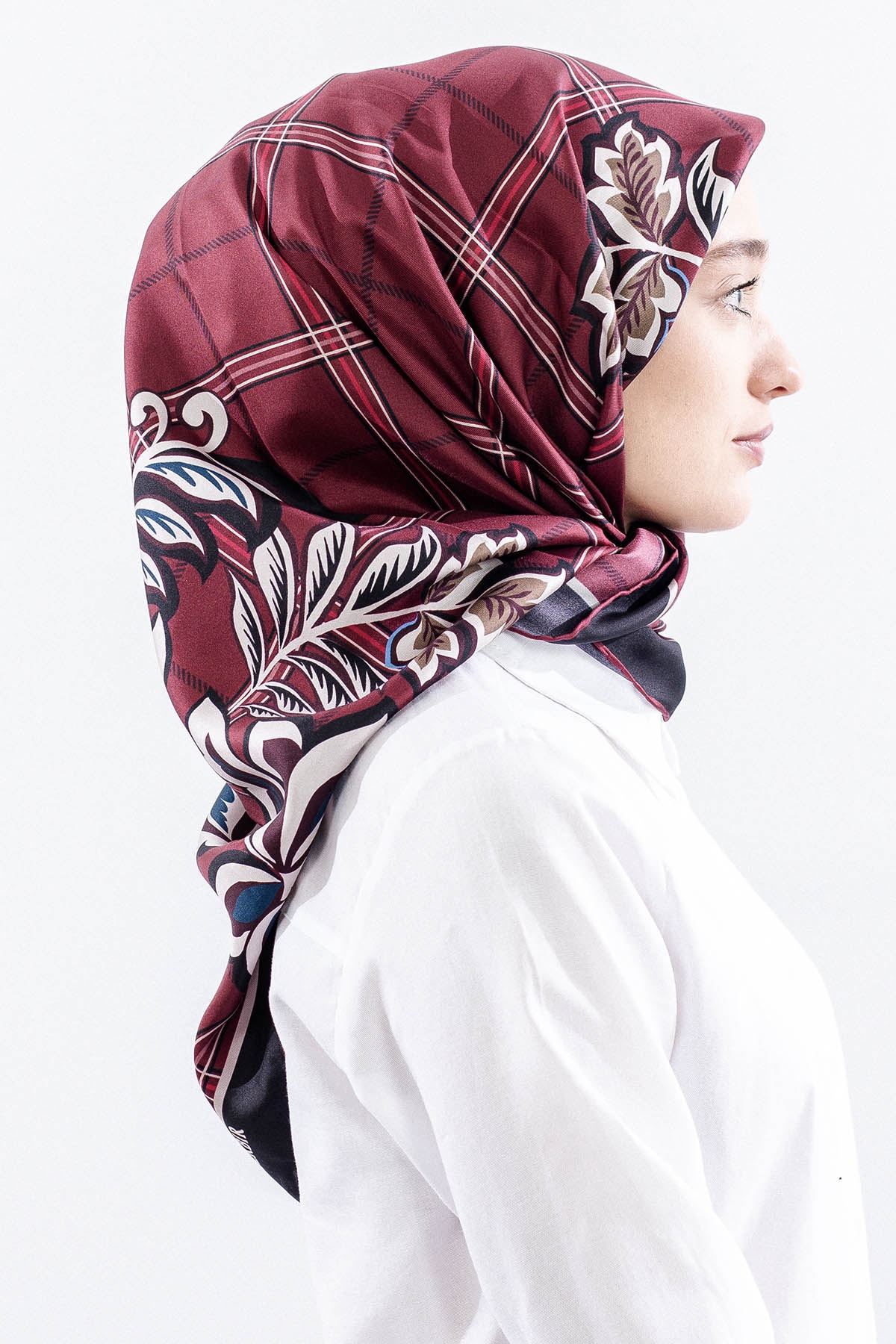 Dg14815 İpek Eşarp Kare Yaprak Tvil Kumas - Bordo - 3