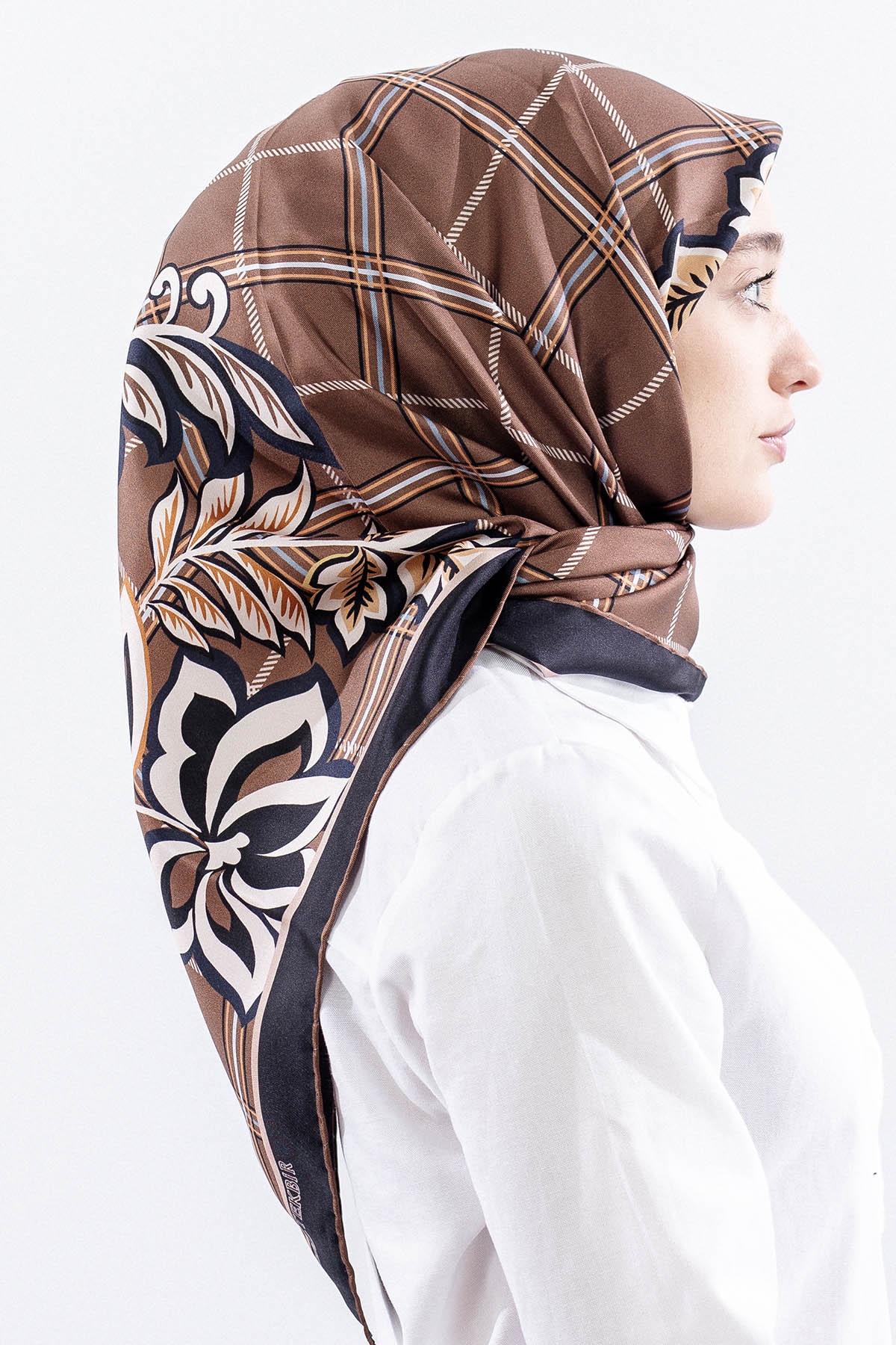 Dg14815 İpek Eşarp Kare Yaprak Tvil Kumas - Kahve - 3