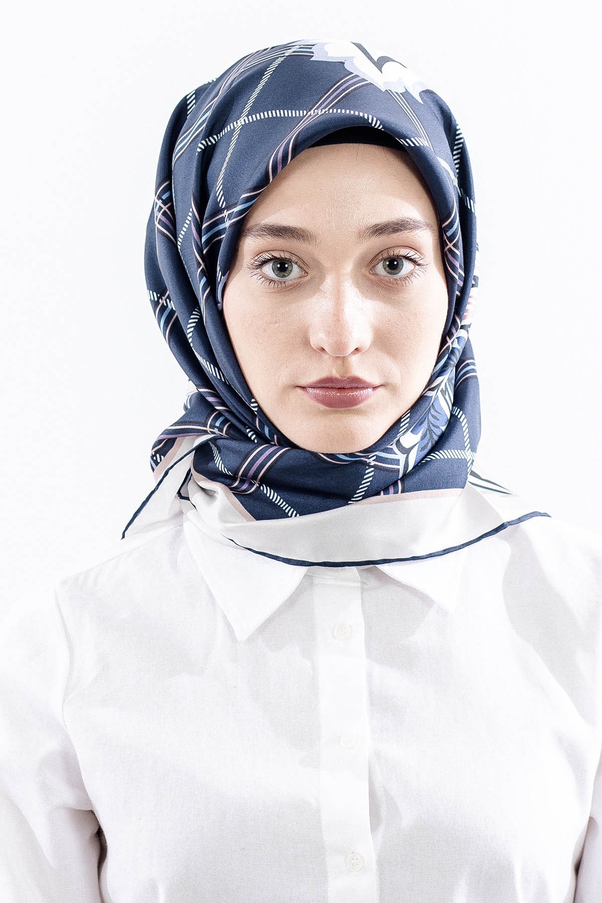 Dg14815 İpek Eşarp Kare Yaprak Tvil Kumas - Lacivert_tas - 1