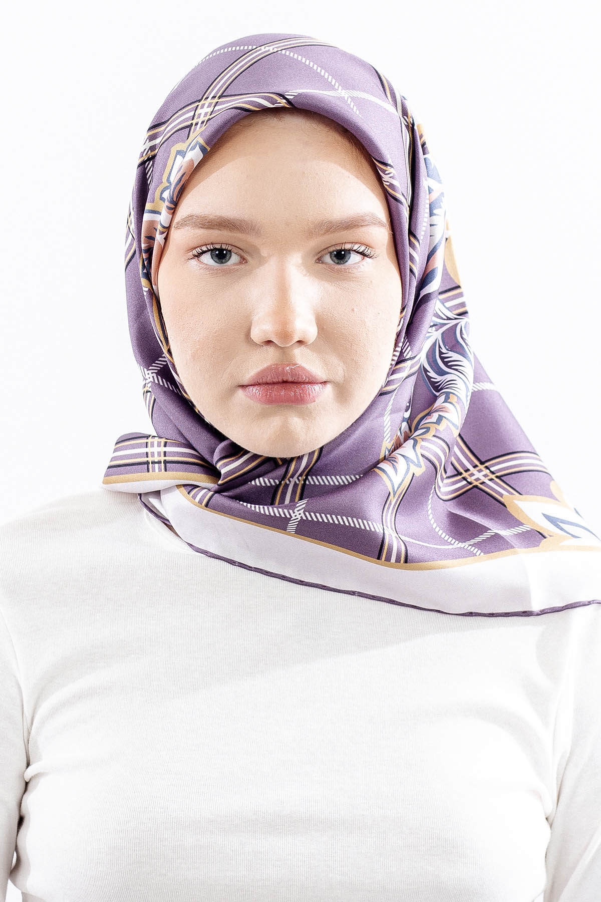 Dg14815 İpek Eşarp Kare Yaprak Tvil Kumas - Lila - 1