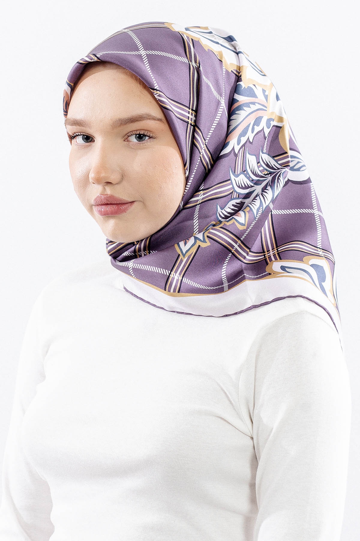 Dg14815 İpek Eşarp Kare Yaprak Tvil Kumas - Lila - 2