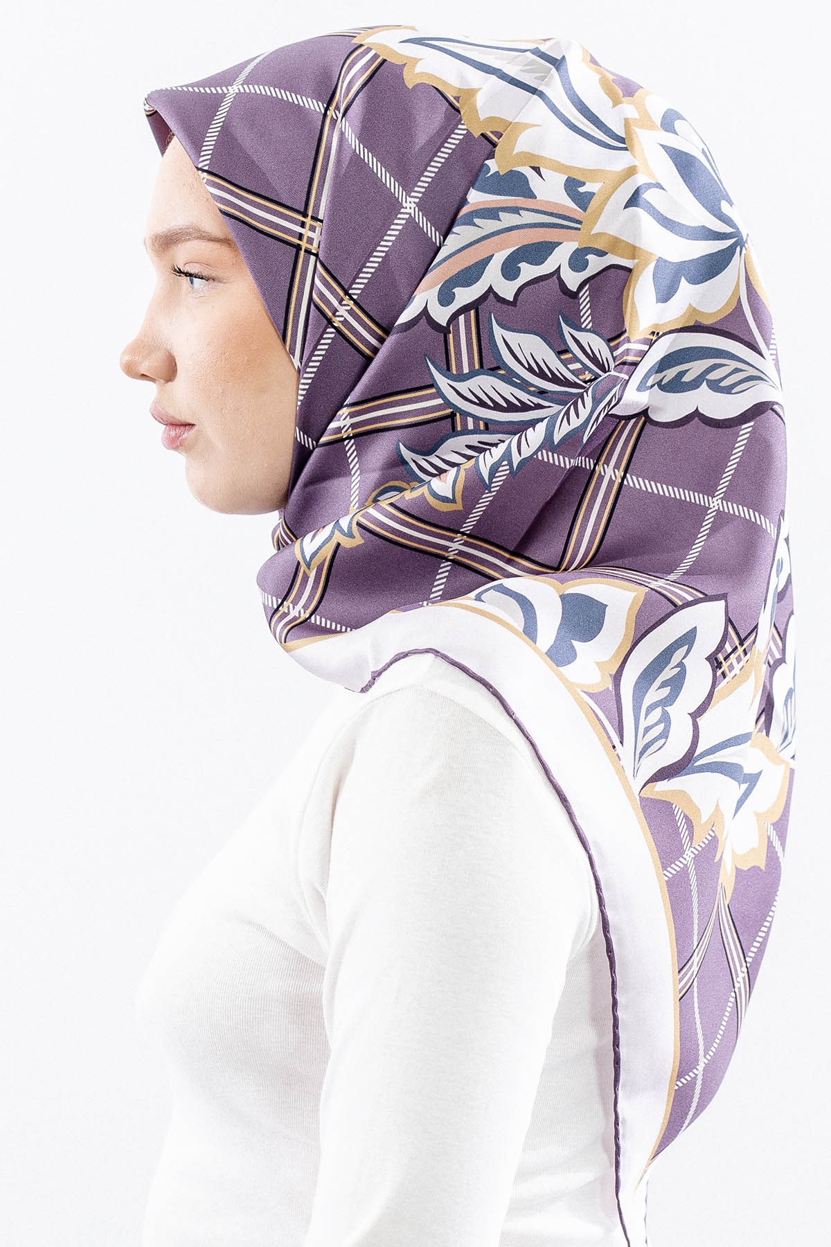 Dg14815 İpek Eşarp Kare Yaprak Tvil Kumas - Lila - 3