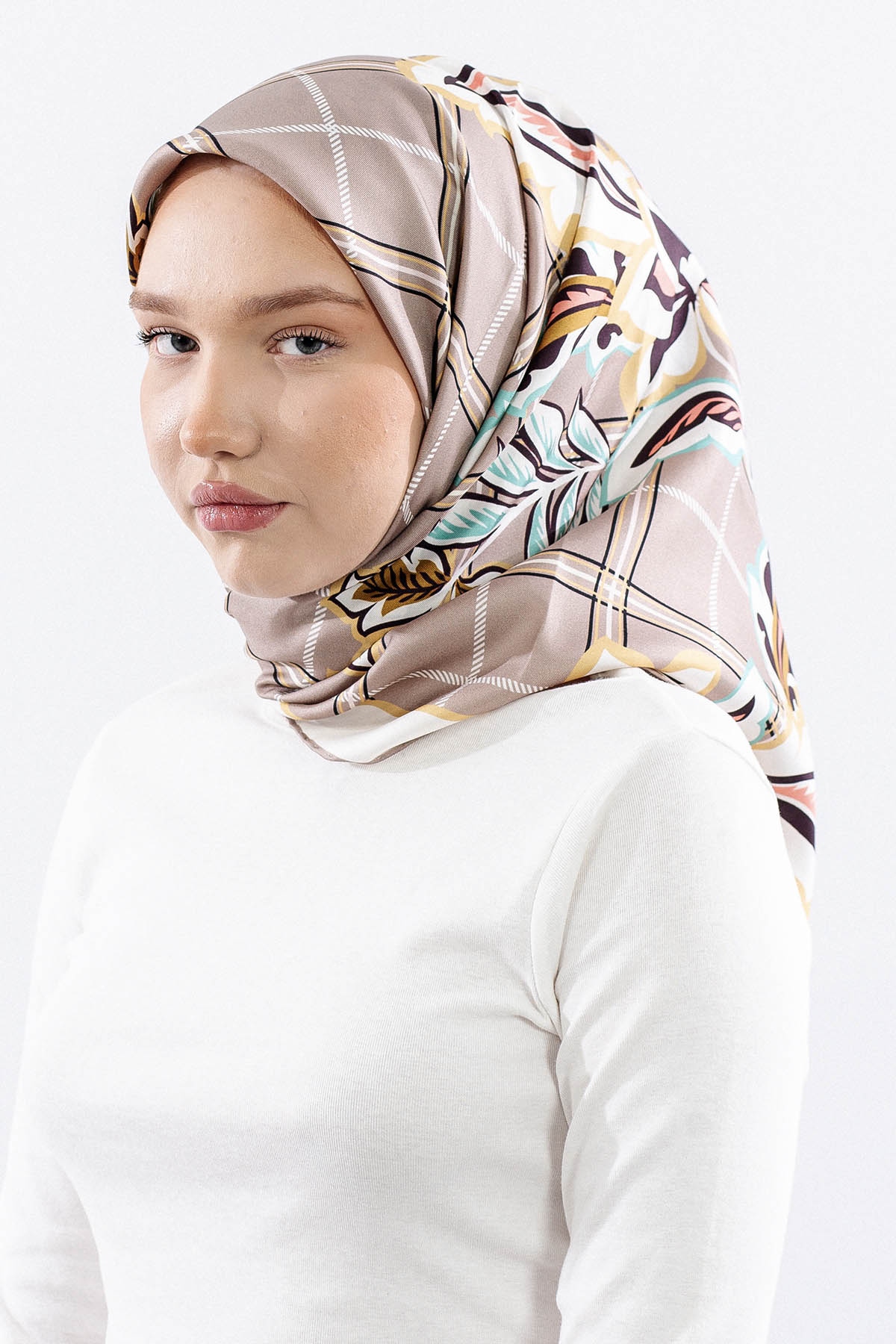 Dg14815 İpek Eşarp Kare Yaprak Tvil Kumas - S_kahve - 2