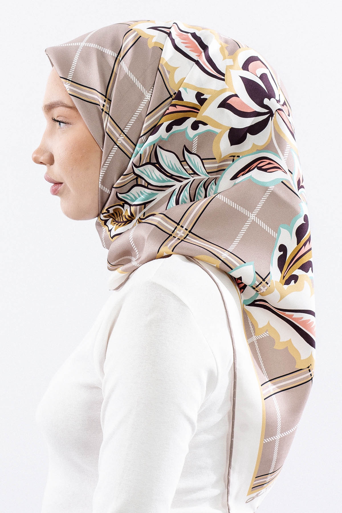 Dg14815 İpek Eşarp Kare Yaprak Tvil Kumas - S_kahve - 3