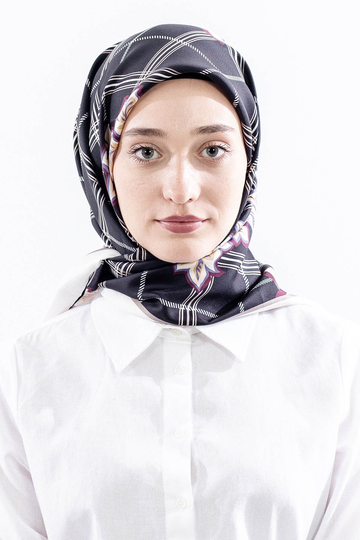 Dg14815 İpek Eşarp Kare Yaprak Tvil Kumas - Siyah_bordo - 1