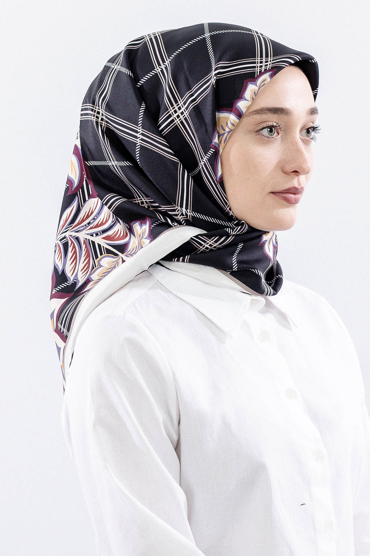 Dg14815 İpek Eşarp Kare Yaprak Tvil Kumas - Siyah_bordo - 2