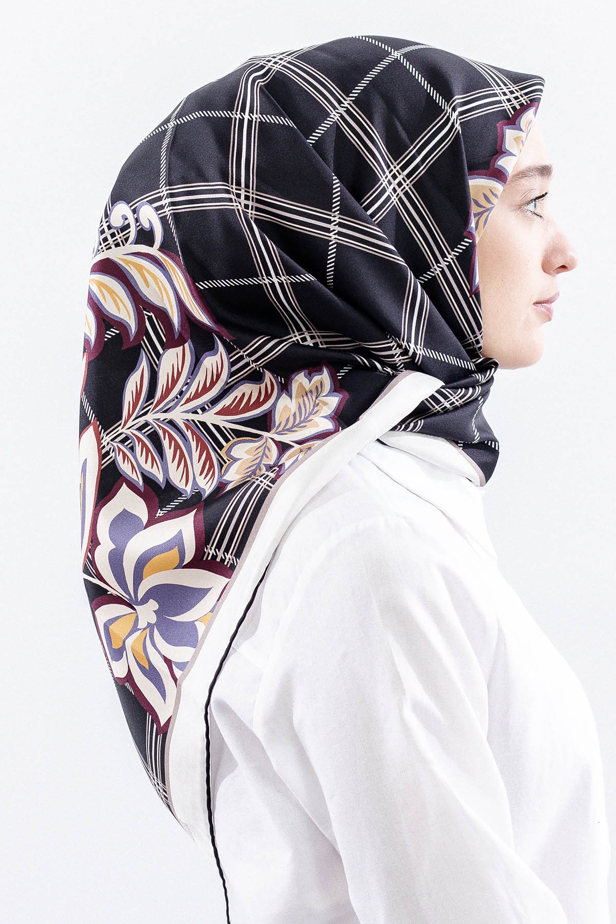 Dg14815 İpek Eşarp Kare Yaprak Tvil Kumas - Siyah_bordo - 3