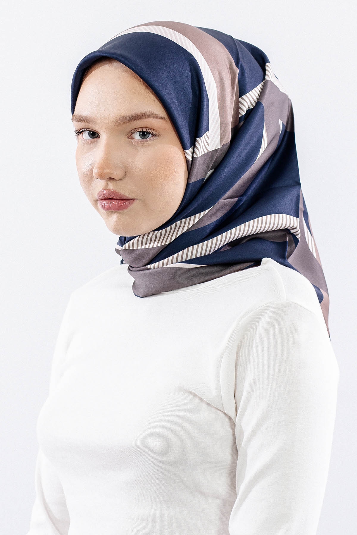 Dg14816 Eşarp Polyester Kumas Cizgi - Lacivert - 2