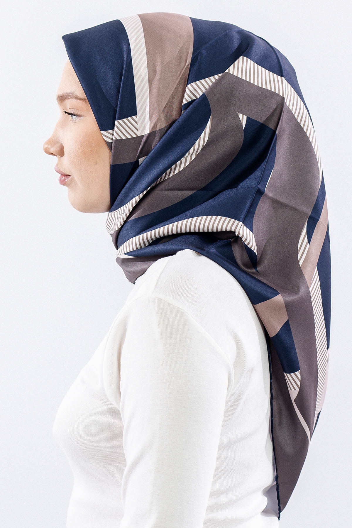 Dg14816 Eşarp Polyester Kumas Cizgi - Lacivert - 3