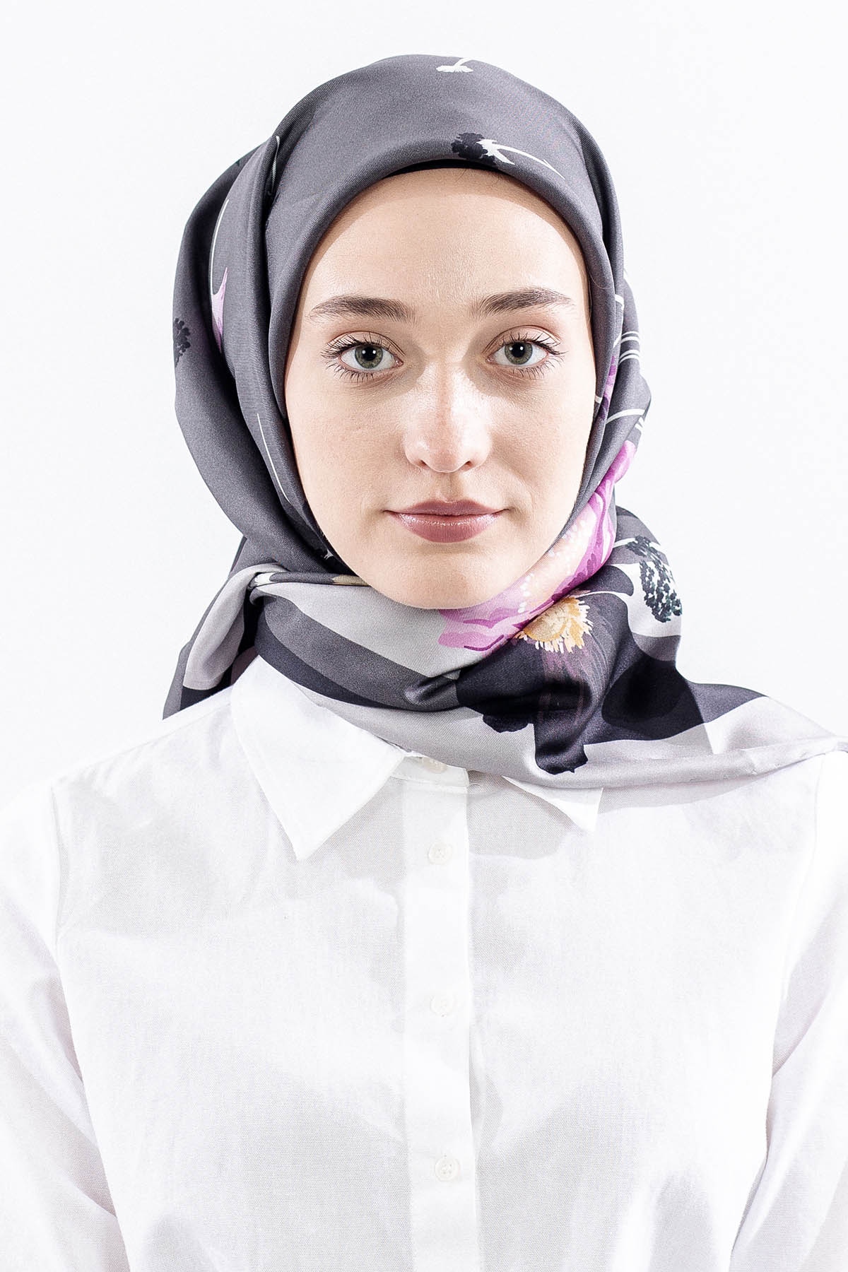 Dg14821 İpek Eşarp Nilufer Tvil Kumas - Gri - 1