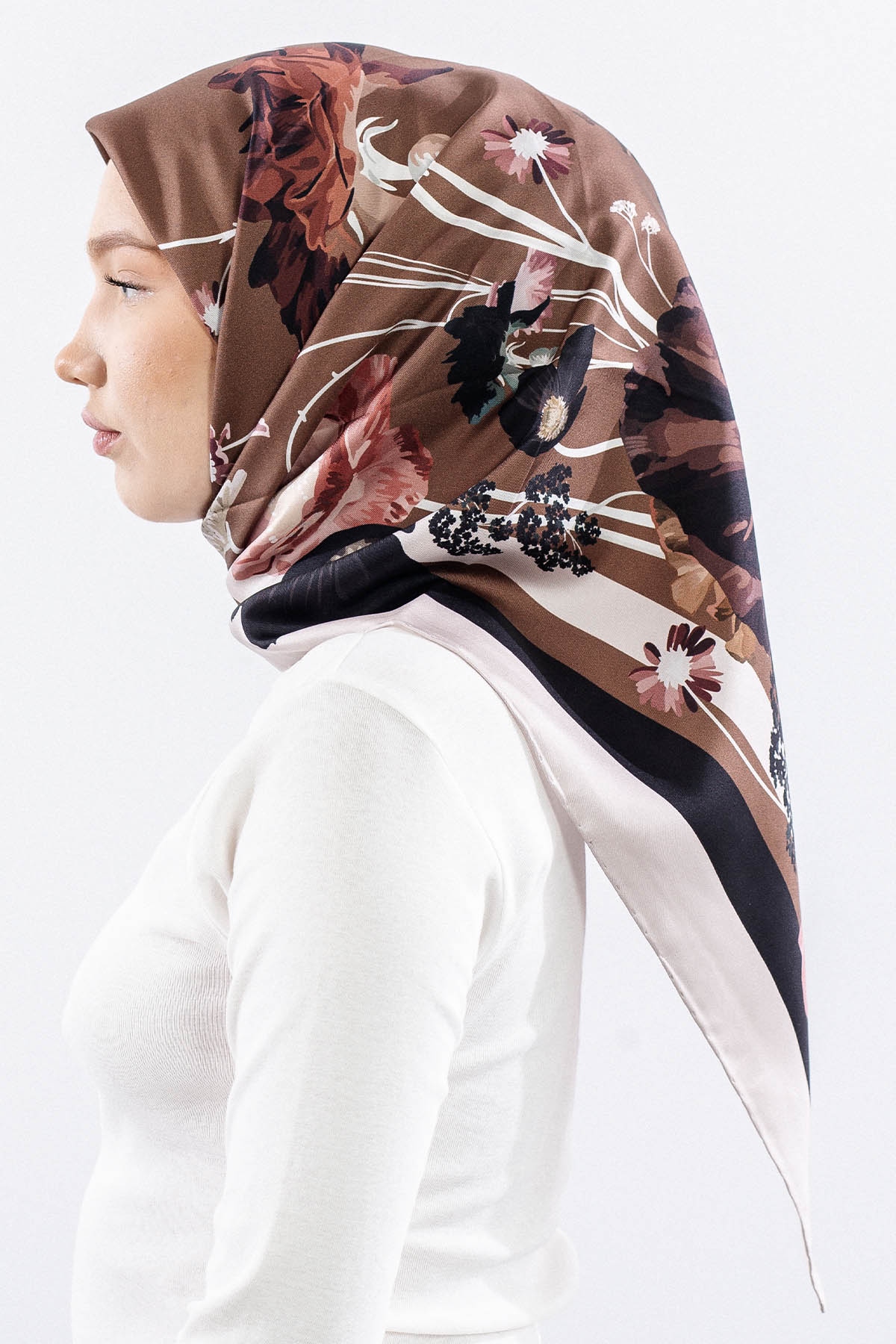 Dg14821 İpek Eşarp Nilufer Tvil Kumas - Kahve - 3