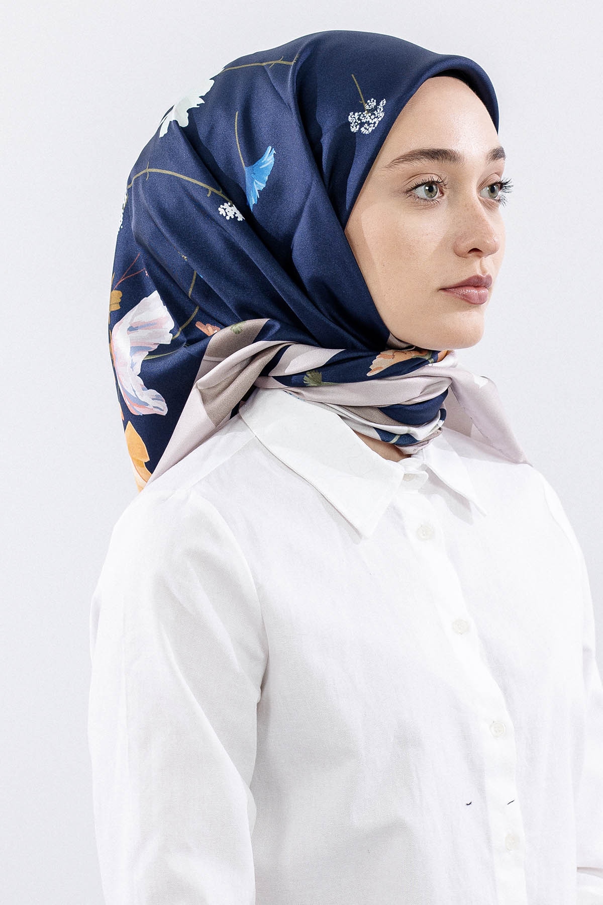 Dg14821 İpek Eşarp Nilufer Tvil Kumas - Lacivert - 2