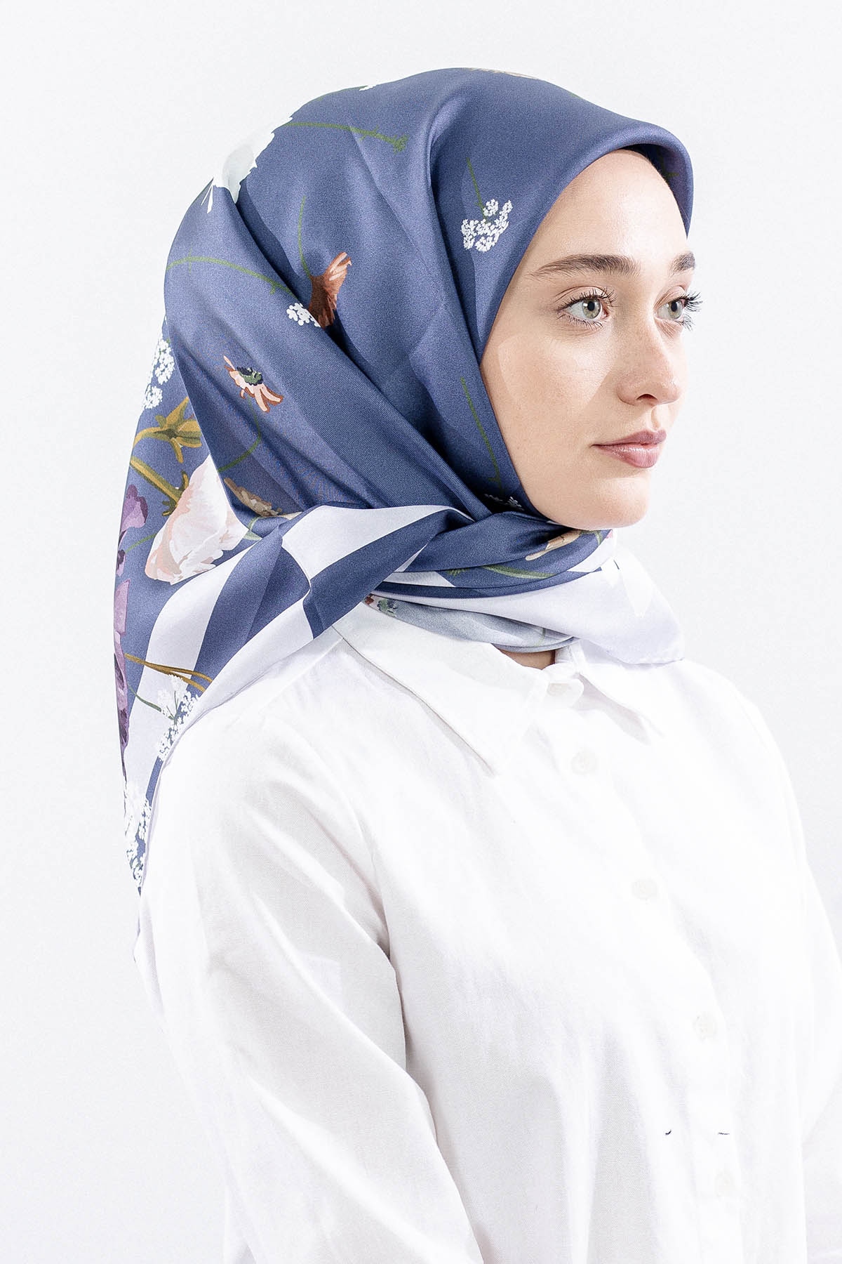 Dg14821 İpek Eşarp Nilufer Tvil Kumas - Mavi - 2