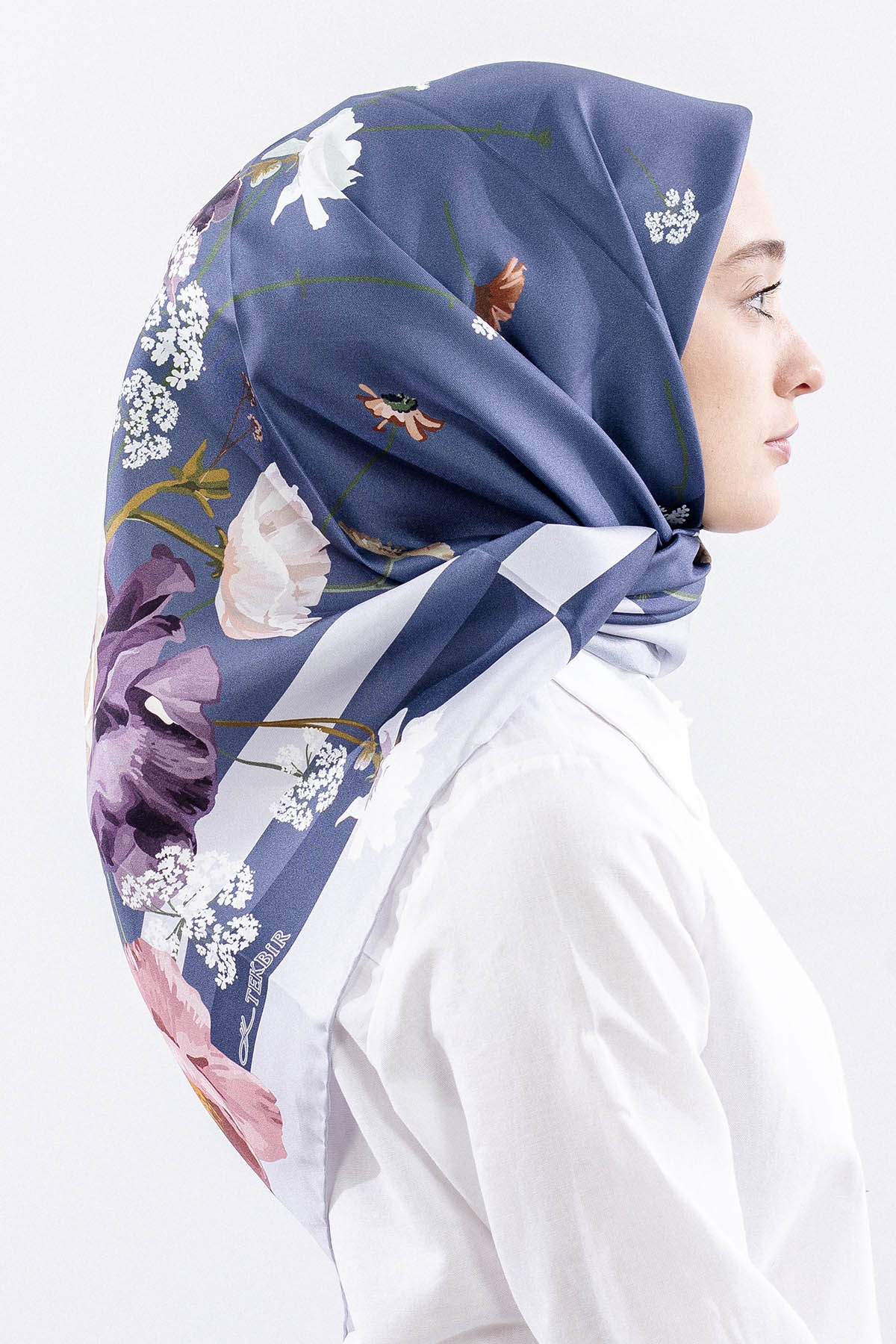 Dg14821 İpek Eşarp Nilufer Tvil Kumas - Mavi - 3