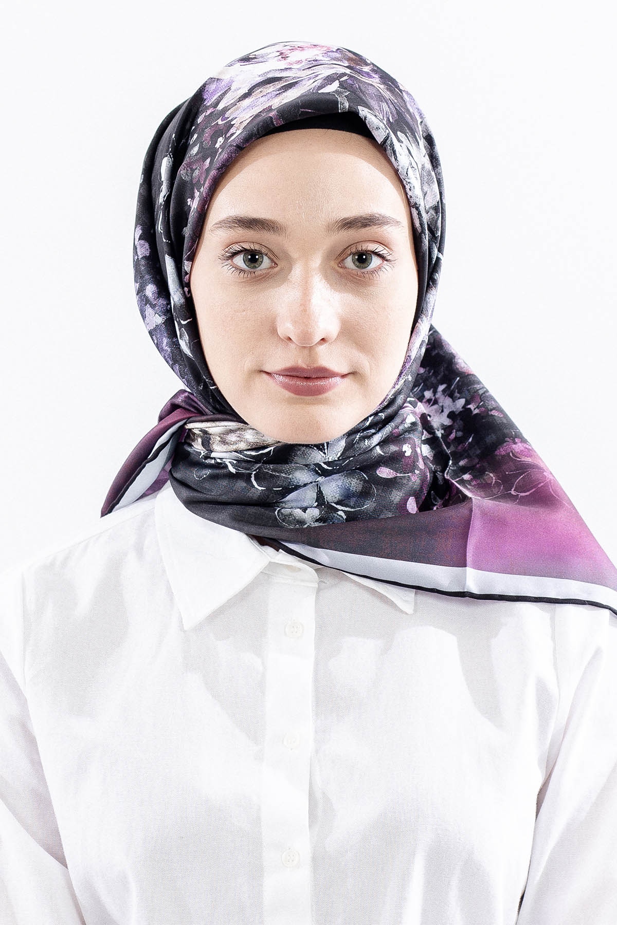 Dg14823 Eşarp Polyester Kumas Cicek Kare - Gri_pudra - 1