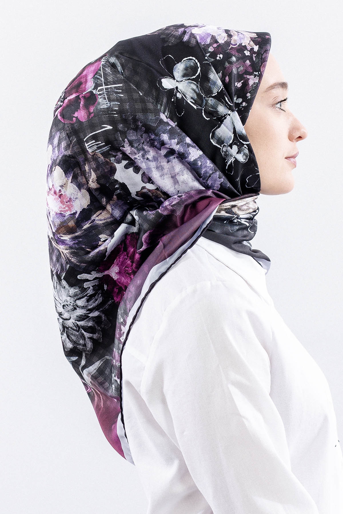 Dg14823 Eşarp Polyester Kumas Cicek Kare - Gri_pudra - 3