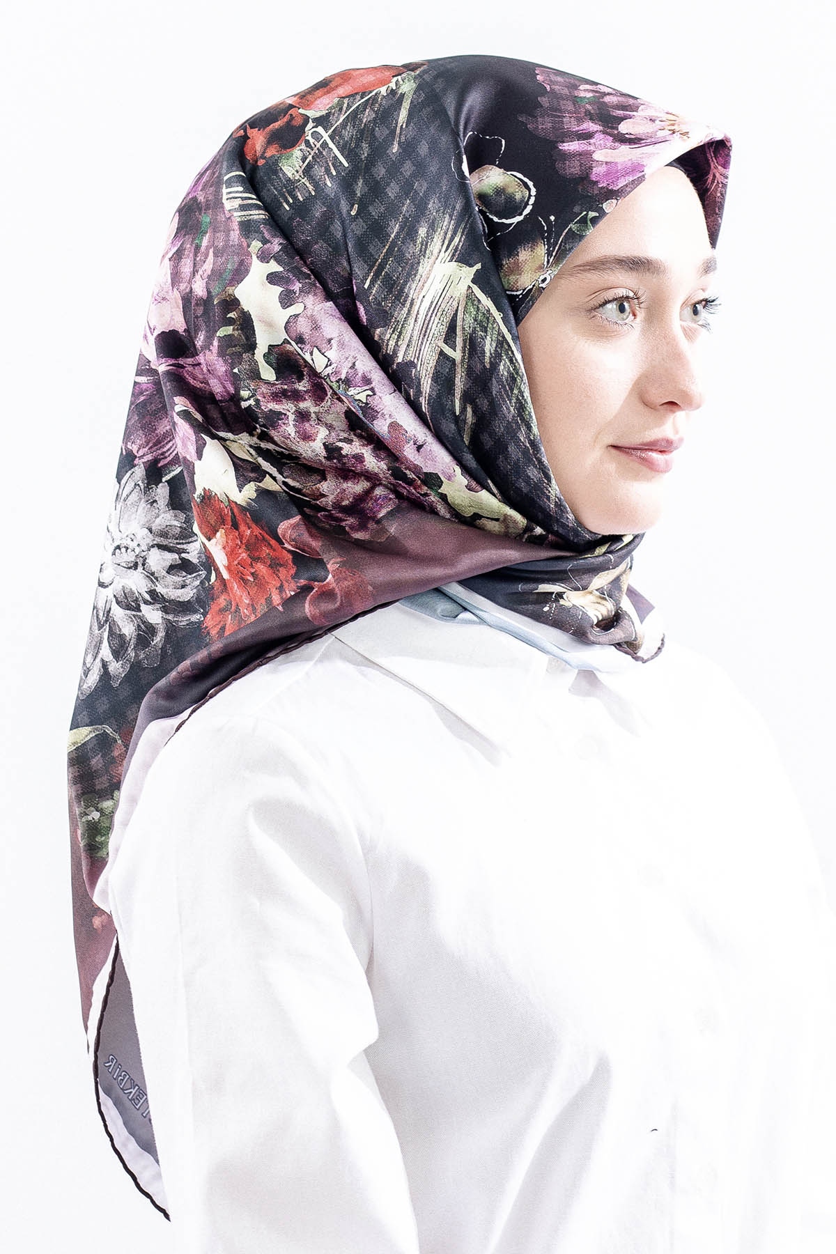 Dg14823 Eşarp Polyester Kumas Cicek Kare - Kahve - 1